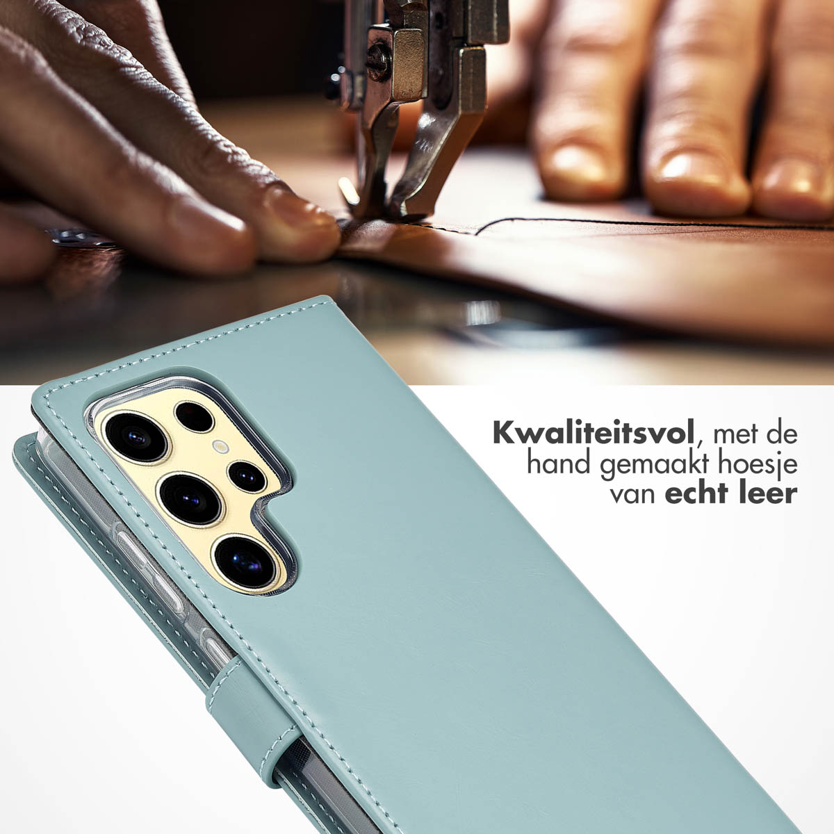 Handnaaien van een lederen telefoonhoesje met lichtblauwe hoes. Een telefoon zit erin. Tekst op de zijkant.