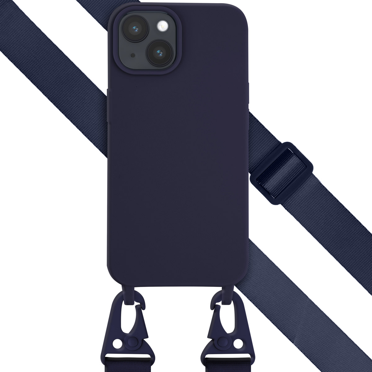 Navy blue phone case with navy strap and carabiner clips. The case is on a white background.