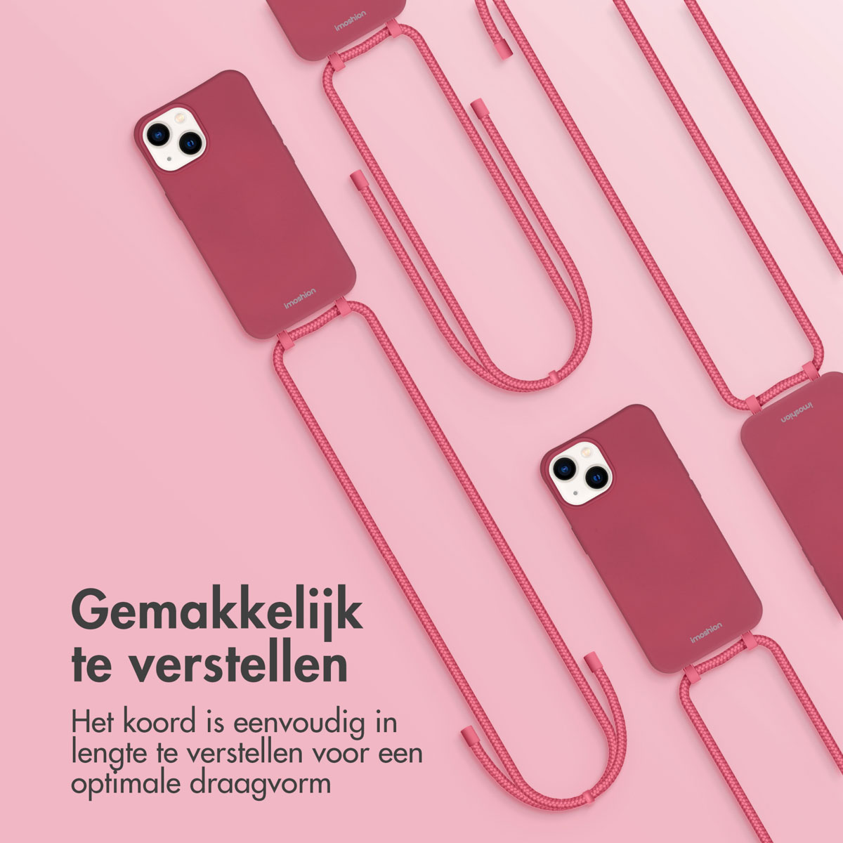 Coques de téléphone roses avec cordons sur fond rose. Texte en néerlandais: Facile à régler.