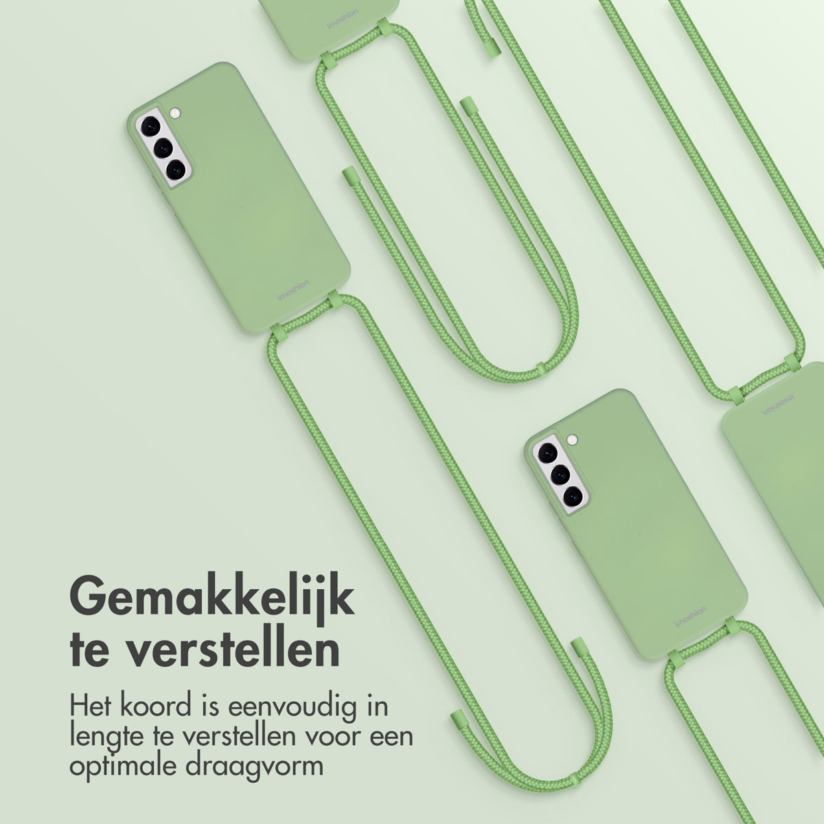 Groene telefoonhoesjes met koorden. Tekst zegt verstelbaar koord. Achtergrond is groen.