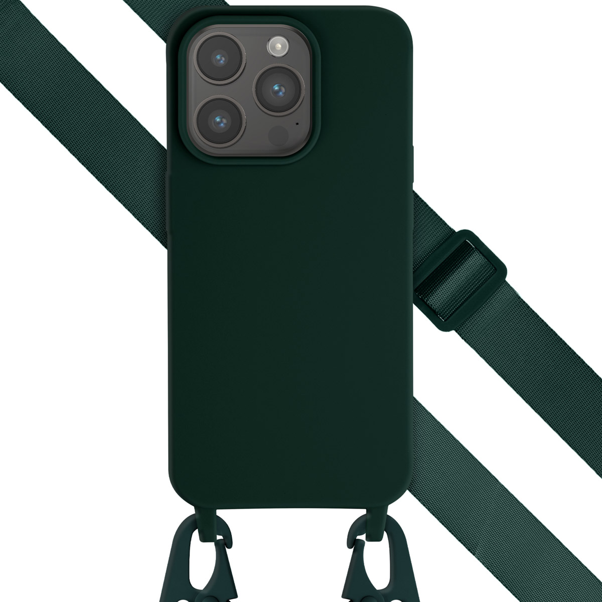 Coque de téléphone vert foncé avec une sangle et des clips verts. La sangle est connectée.