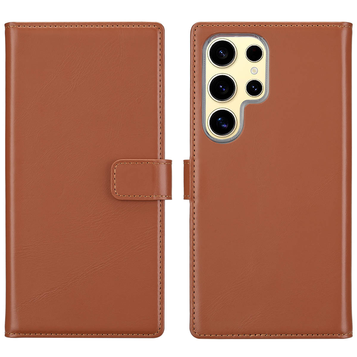 Een bruine leren telefoonhoes wordt open en dicht getoond. De open hoes toont kaarten en een telefoon.