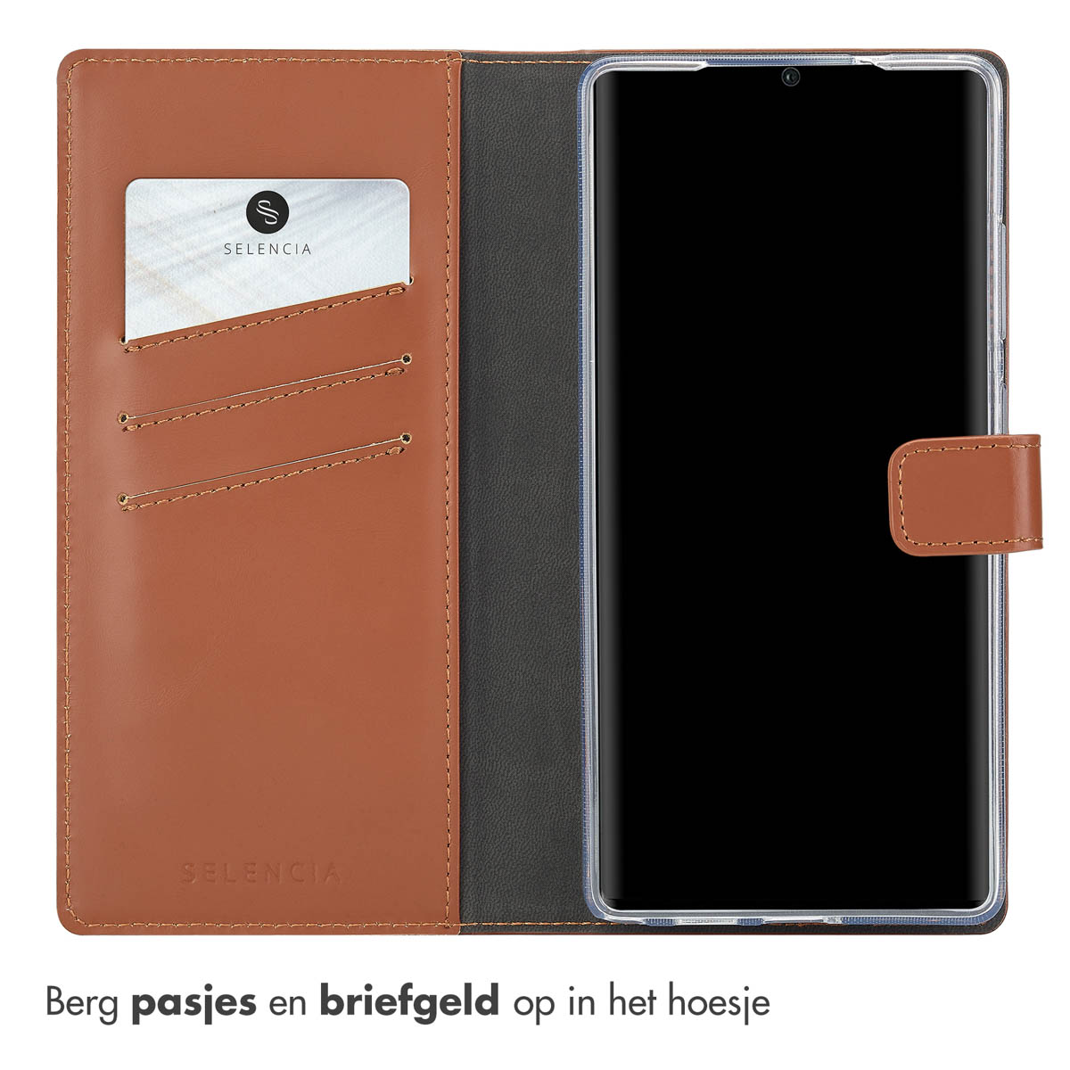 Open telefoonhoesje met telefoon, kaart en een scherm met tijd en datum.