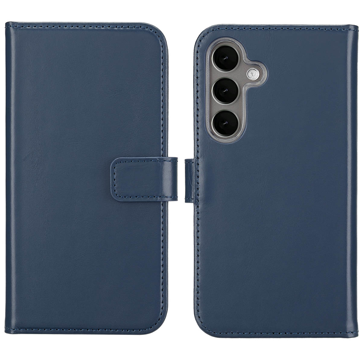 Telefoonhoesje, open, met een donkerblauwe hoes en de achterkant van een telefoon.