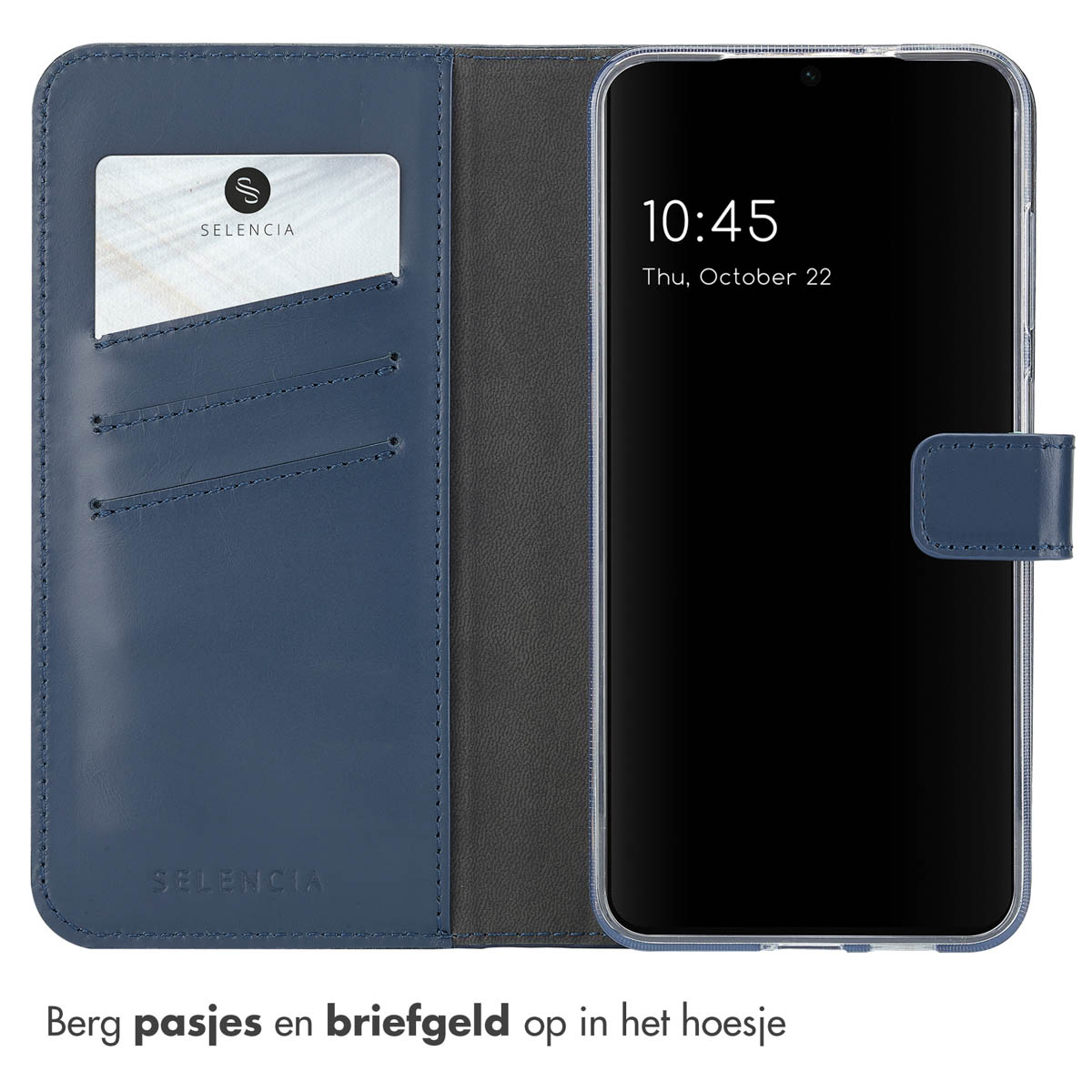 Blauwe telefoonportemonnee open. Binnenkant: kaart en sleuven. Telefoon toont tijd.