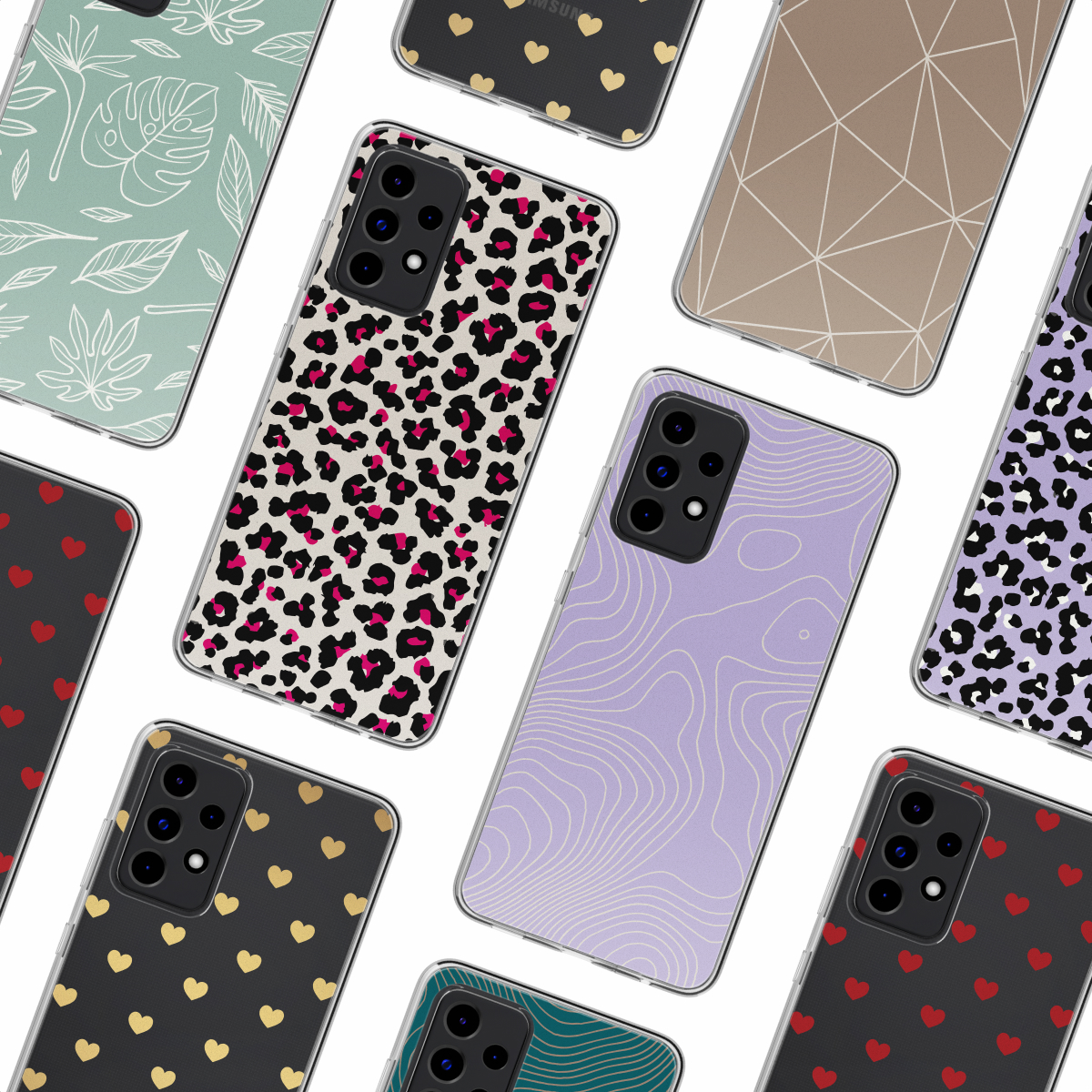 Collezione di custodie per telefoni con vari motivi: stampa leopardata, cuori, disegni geometrici e motivi a foglie. Diversi colori e design.