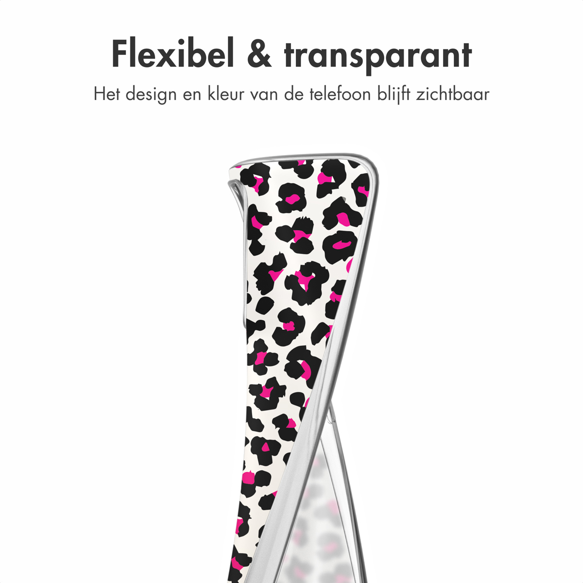 Primo piano della custodia del telefono con stampa leopardata, sfondo bianco. Testo in alto.