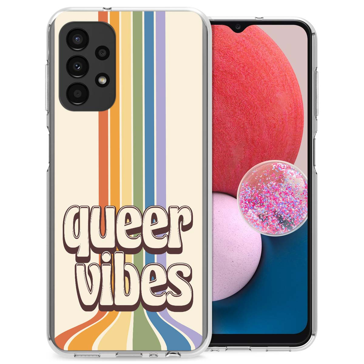 Een telefoonhoesje met de tekst 'queer vibes' met een regenboogontwerp op een witte achtergrond.