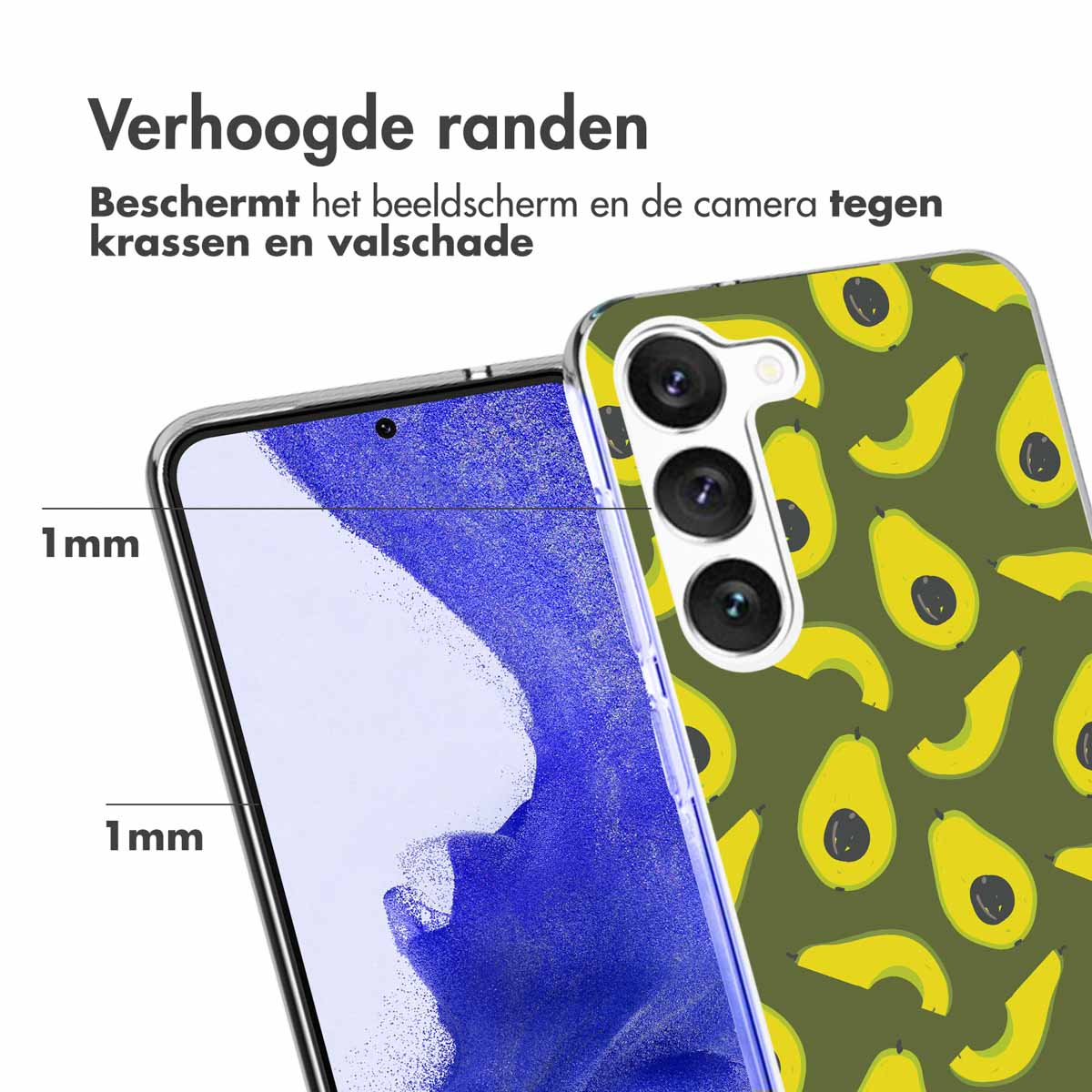 Avocado-patterned phone case with phone. Text describing protection is present. White background.