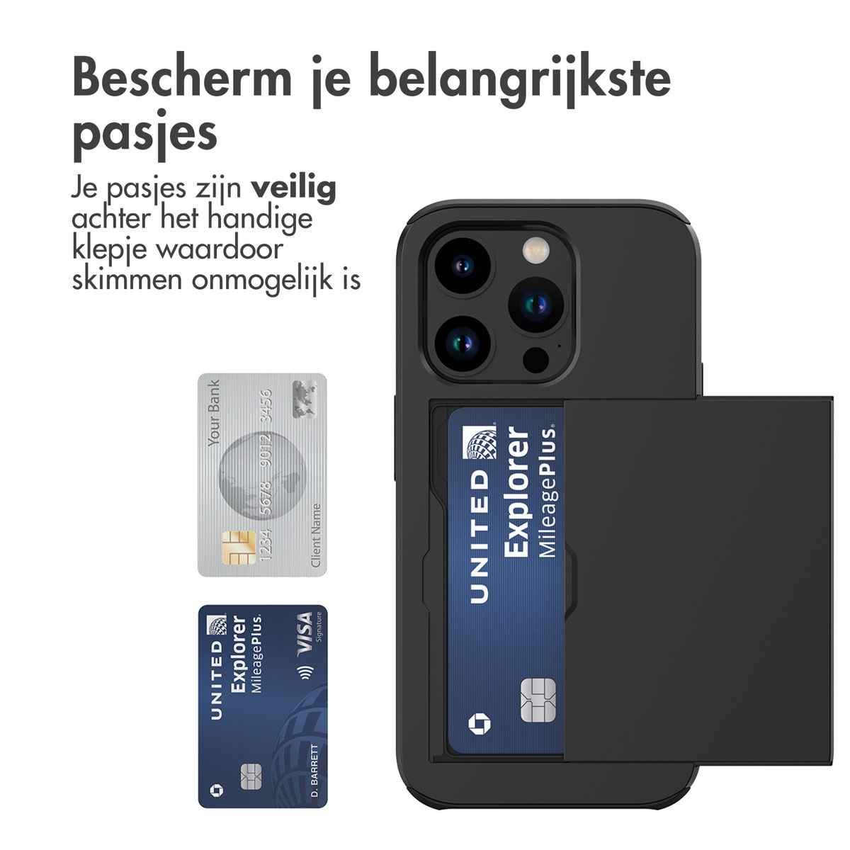 Étui noir avec cartes à l'intérieur. Texte décrit la protection des cartes. Fond clair.