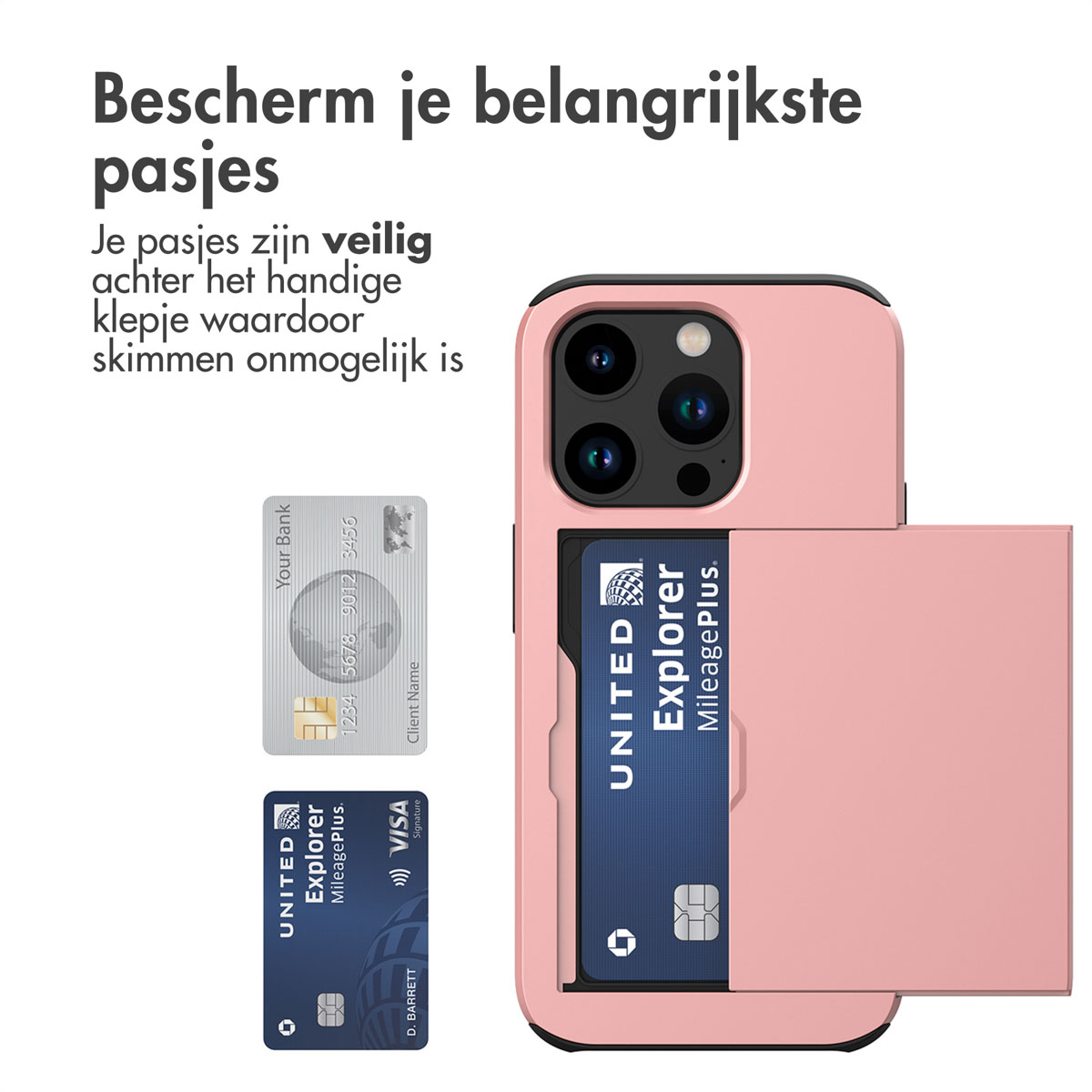 Coque de téléphone rose avec fente pour carte, contenant une carte United Explorer. Deux autres cartes sont visibles. Texte : Protégez vos cartes.
