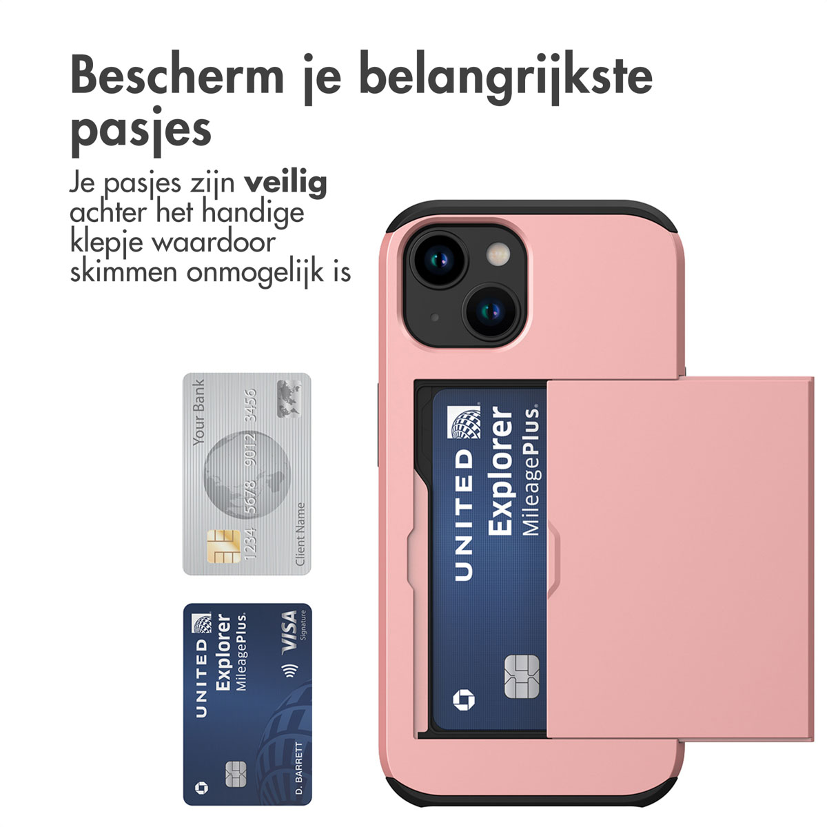 A pink phone case with credit cards and a phone with a credit card slot.