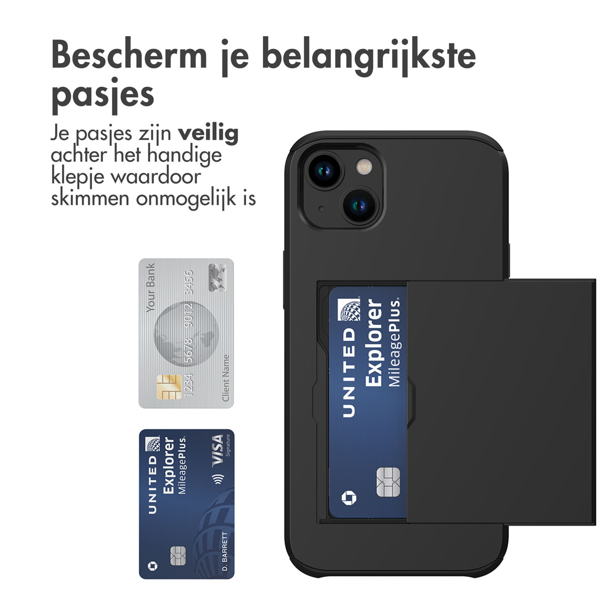 Een zwarte telefoonhoes met creditcards en een telefoon met een creditcardgleuf.