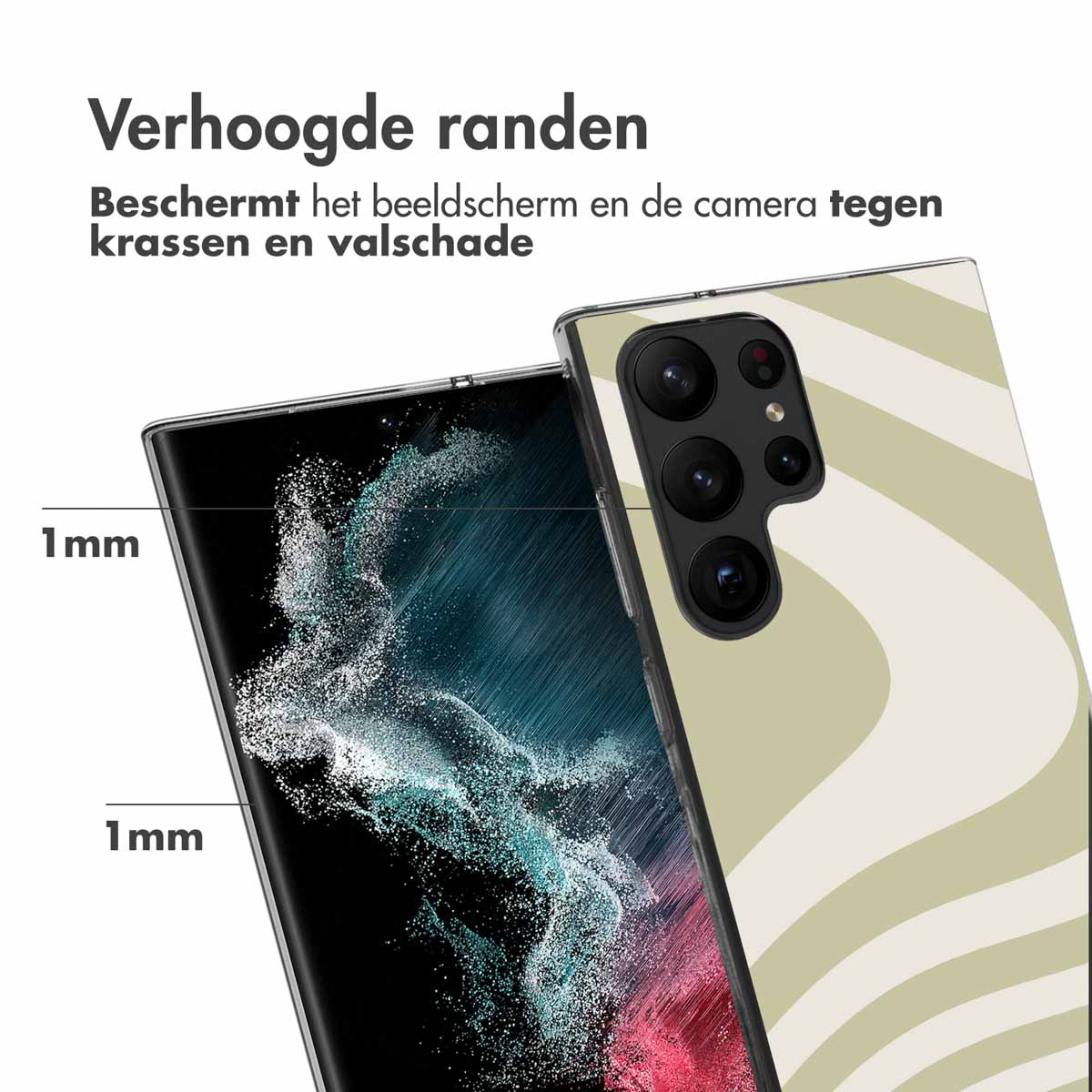 Nahaufnahme einer Handyhülle mit erhöhten Rändern, die Bildschirm und Kamera schützt. Text: Erhöhte Ränder. 1mm Messungen.