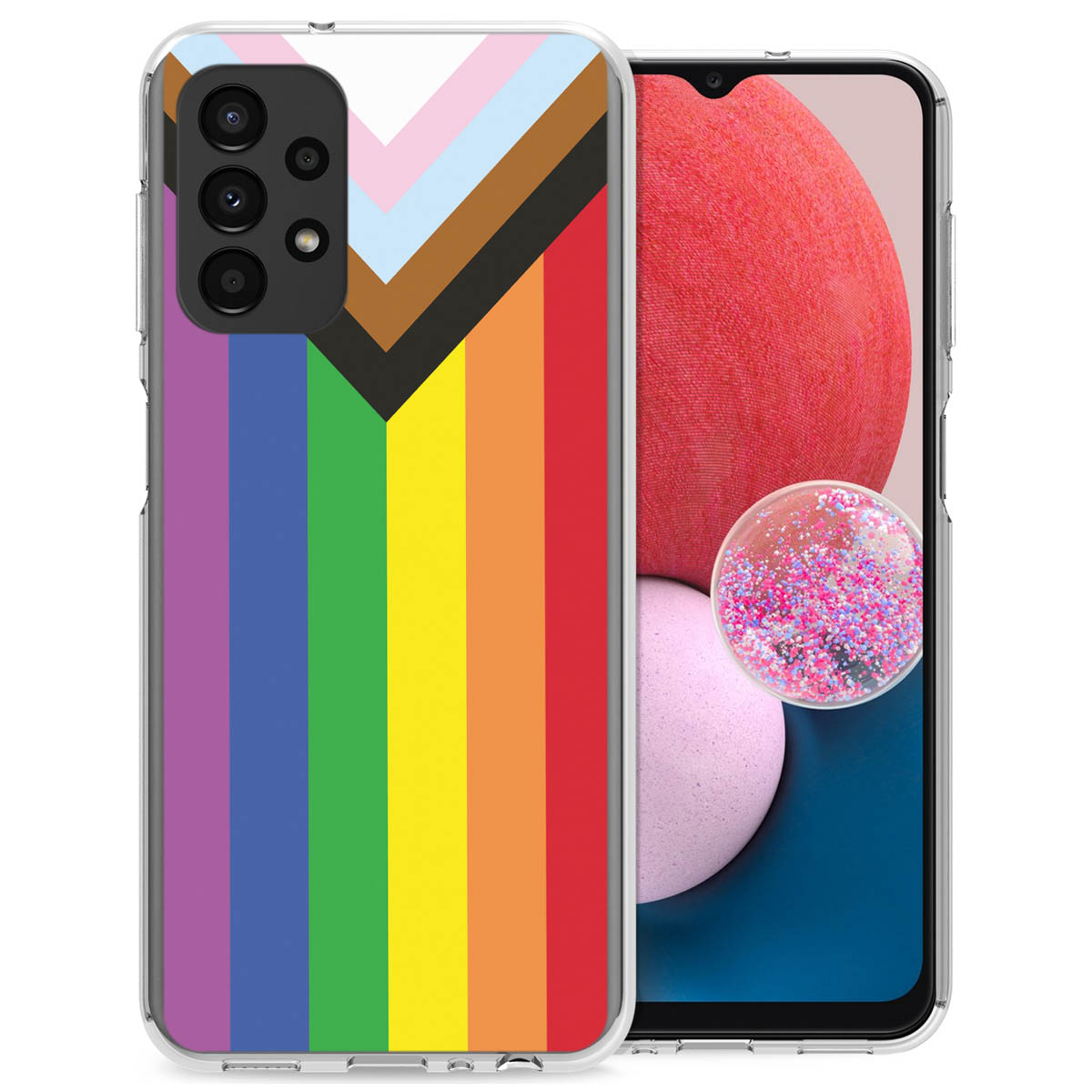 Phone case with rainbow flag. The phone case is shown on top of a phone.