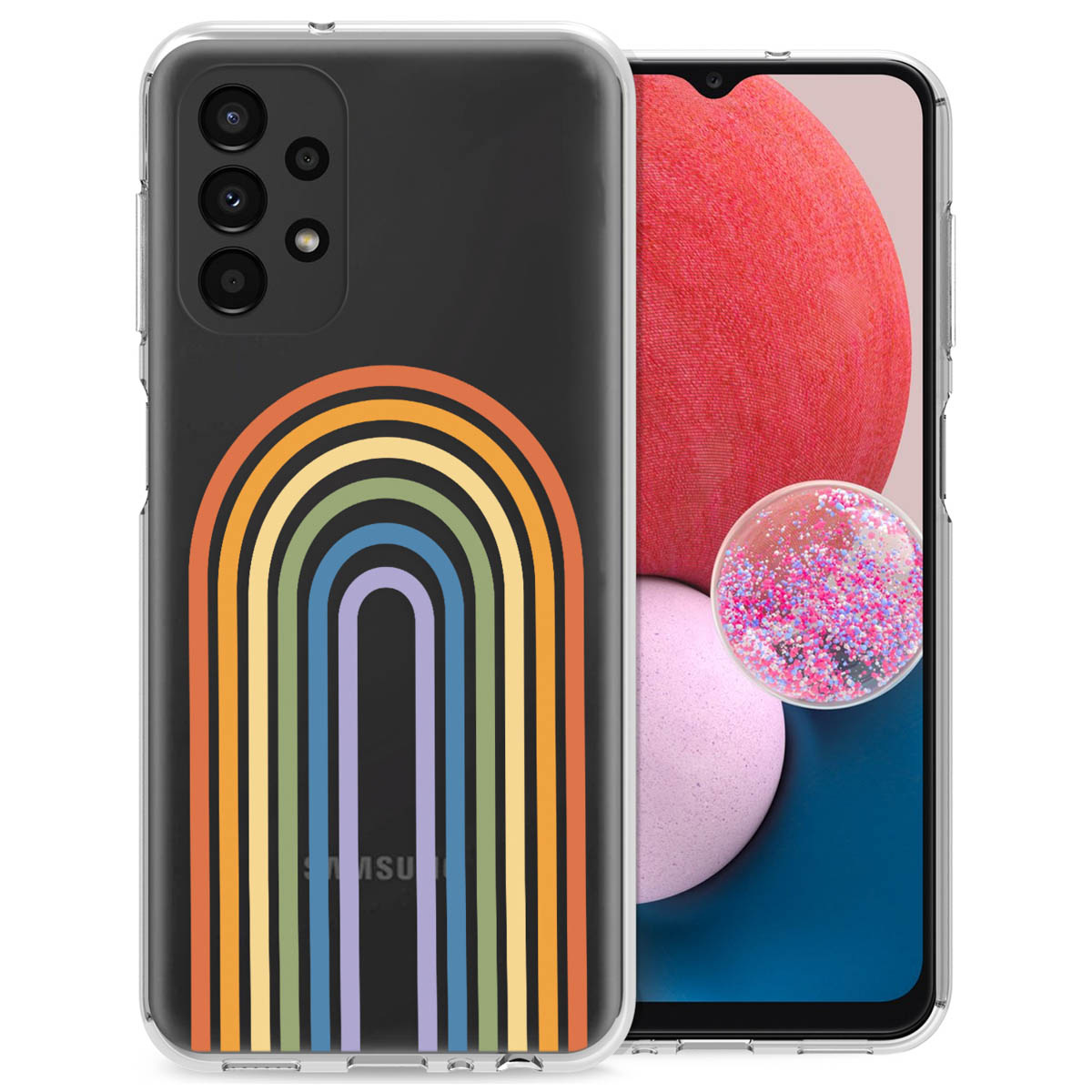 Phone case with rainbow-shaped stripes. Phone's screen shows a colorful digital art background.