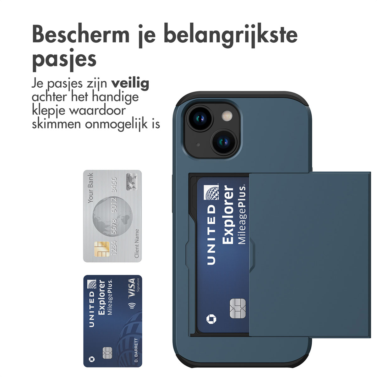 A blue phone case with credit cards and a phone with a credit card slot.