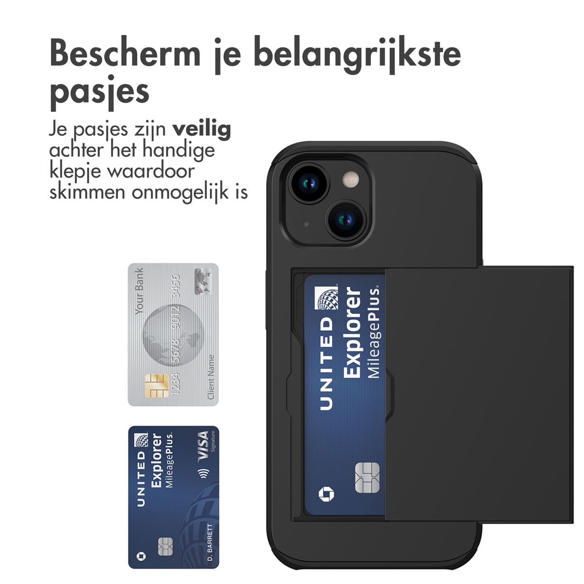 A black phone case with two credit cards inside. Text says: Protect your most important cards.