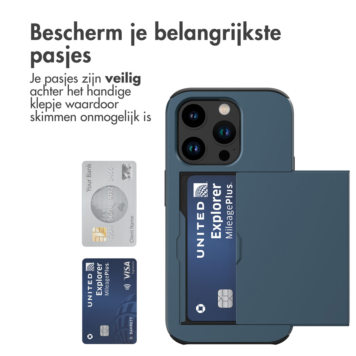 Blauw telefoonhoesje met een kaartsleuf voor creditcards. De hoes beschermt de telefoon.