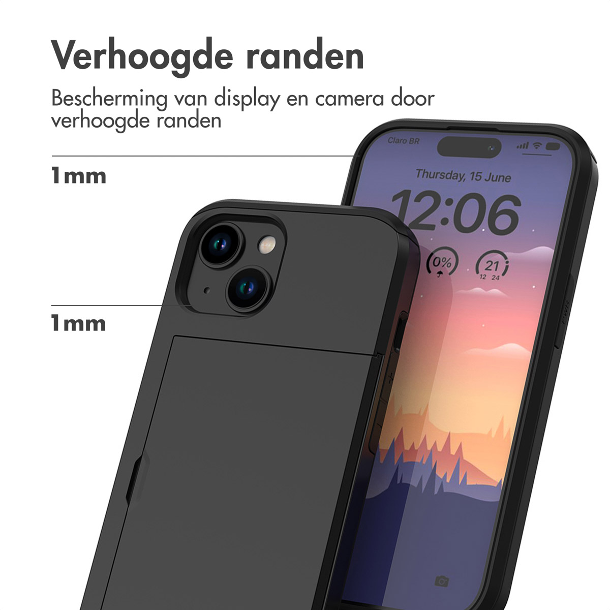 Black phone case on a phone with a display showing the date. The case is protecting the phone.