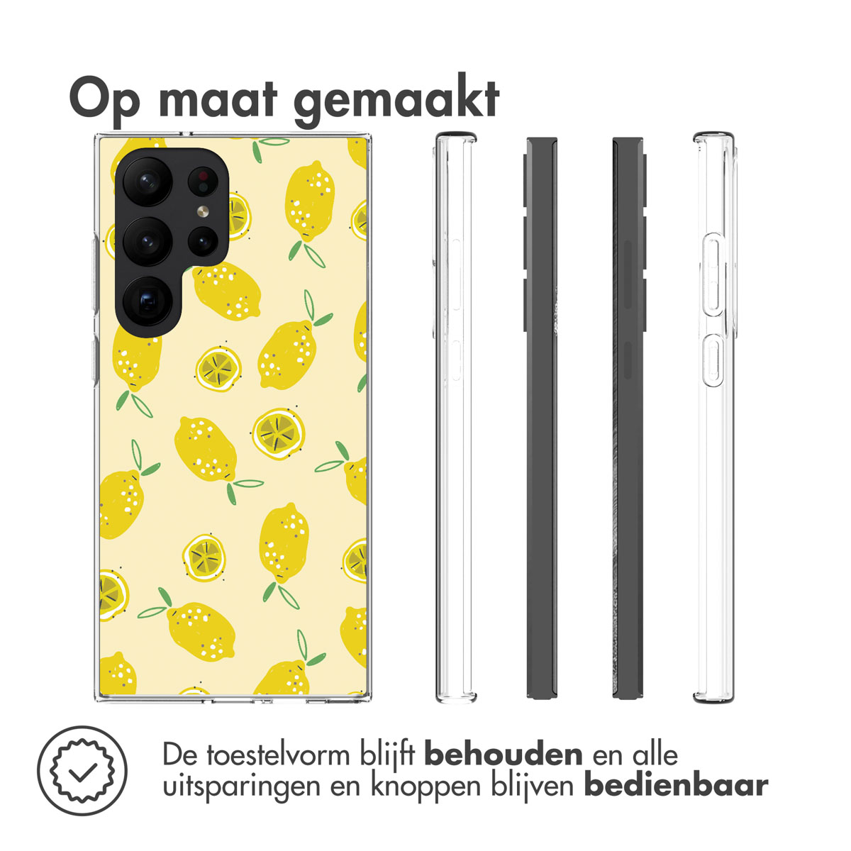 Handyhülle mit Zitronenmuster. Telefon ist in der Hülle. Weißer Hintergrund. Mehrere Winkel.