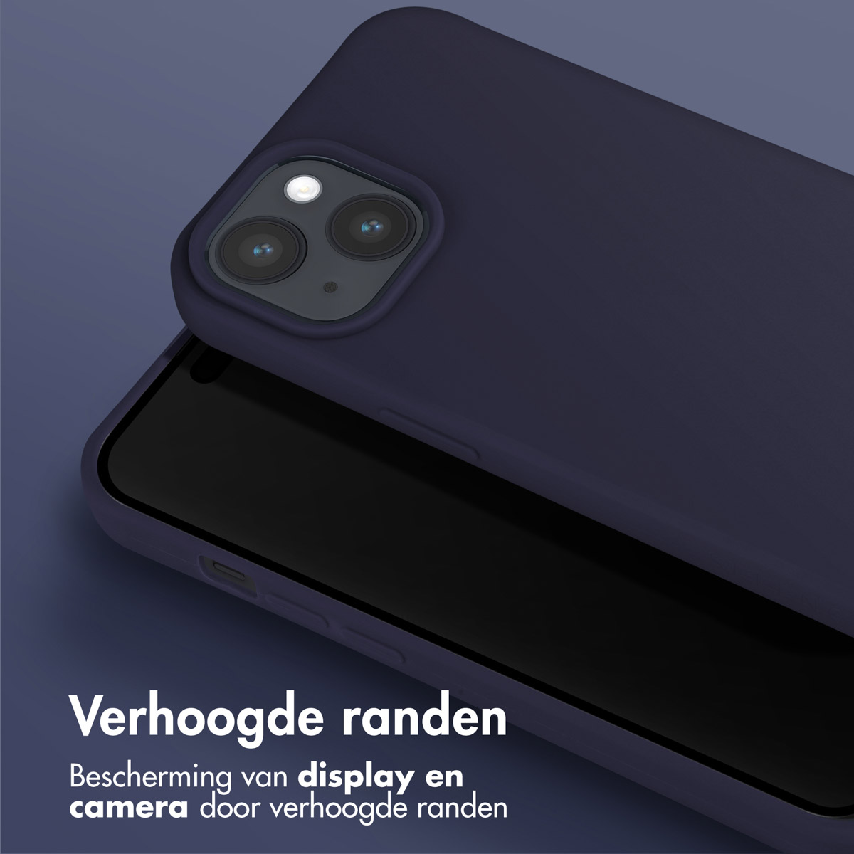 Dark blue phone case, close-up with a phone inside. Text in Dutch: Raised edges.