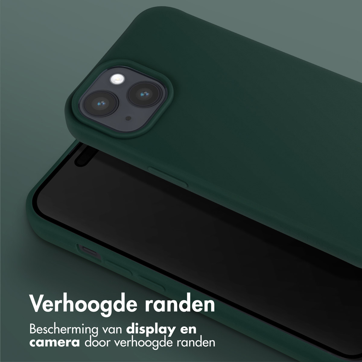 Dark green phone case, close up. The phone has 3 cameras.