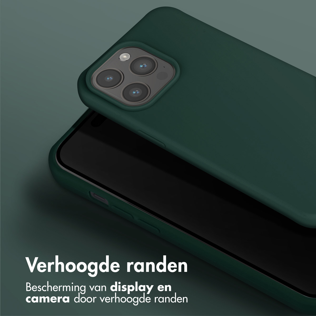 Een donkergroene telefoonhoes met een telefoon erin, de randen zijn verhoogd.