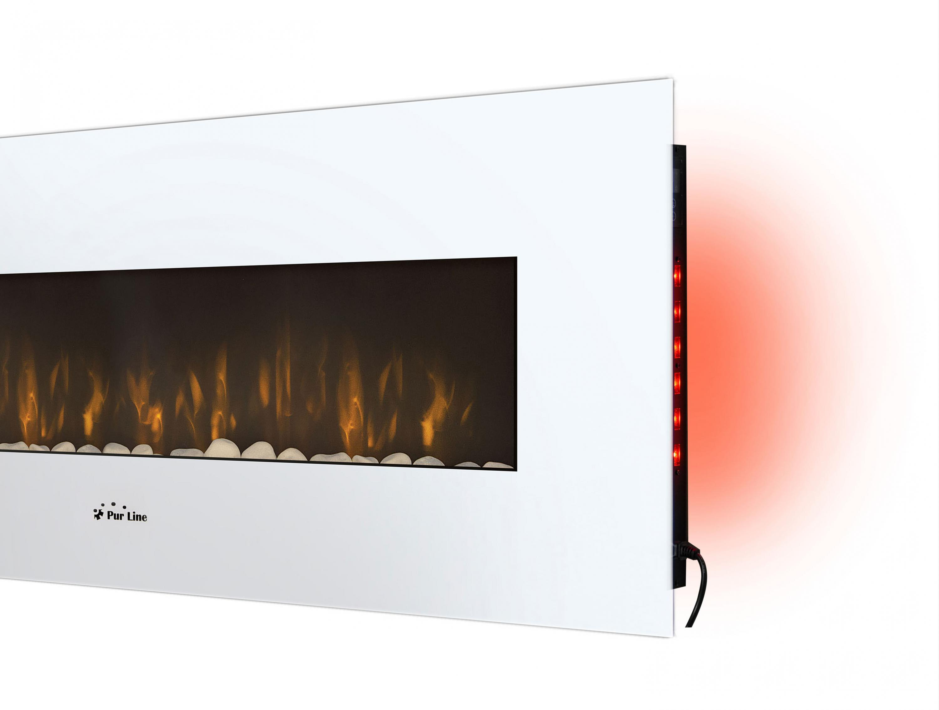 Chimenea blanca con efecto de llama brillante. Luces rojas en el lateral.