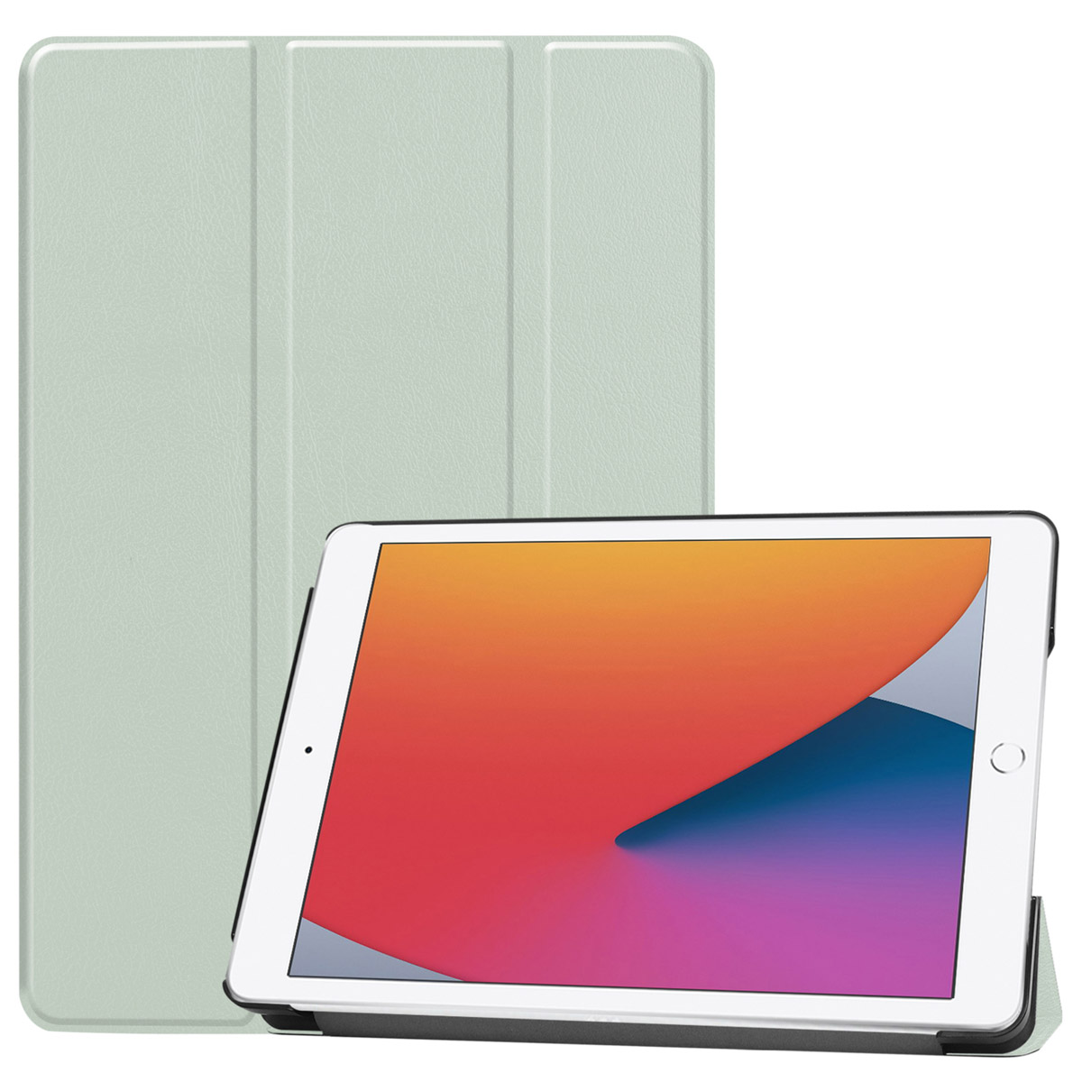 Tablet in a light green case. The case is open, and the tablet is on display.