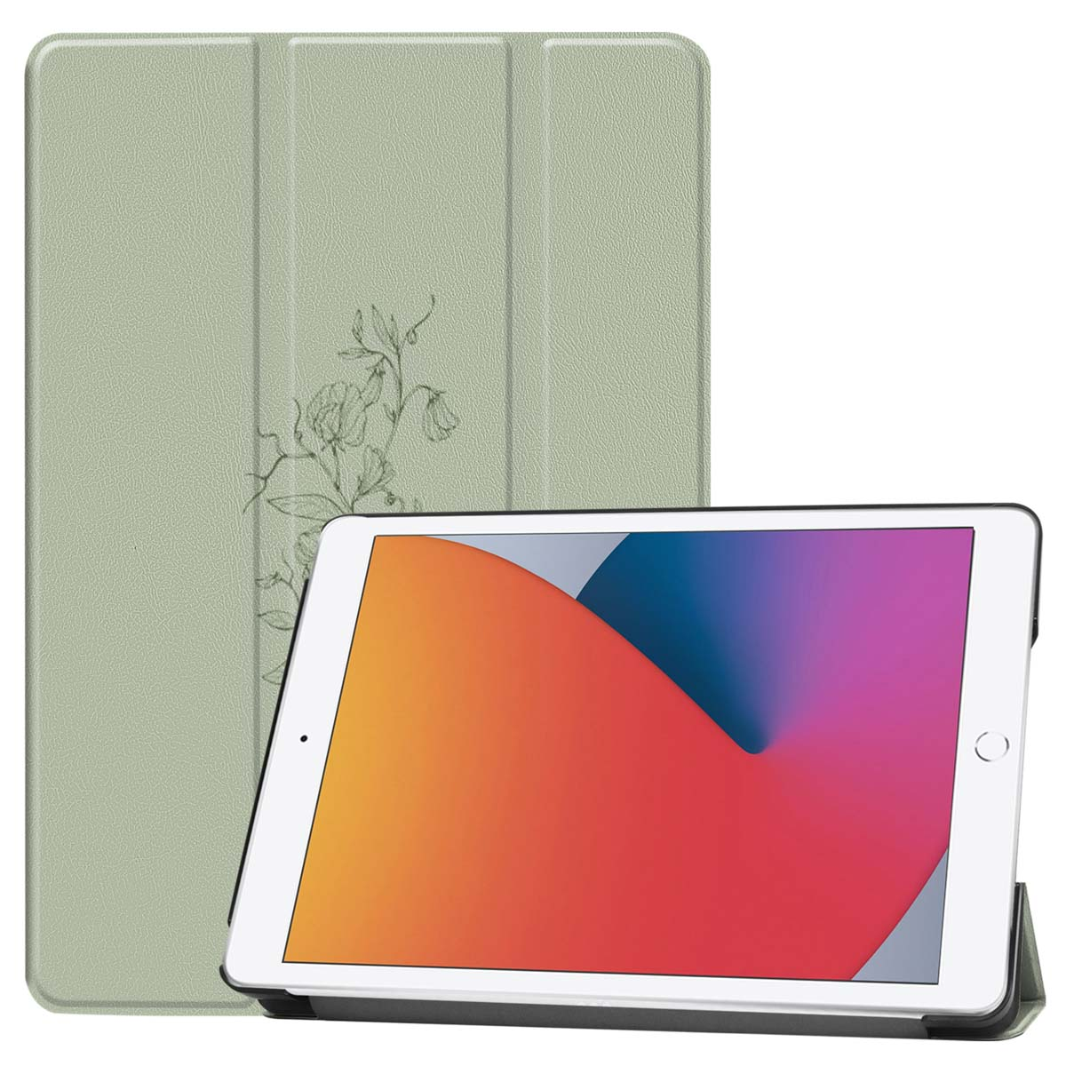 Green iPad case with flower design and open iPad with colorful screen. The case is on a white background.