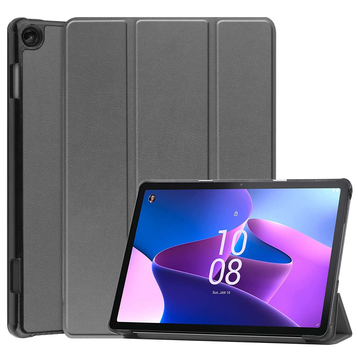 A tablet with its case. The tablet's display shows the date. The case is grey and protects the tablet.