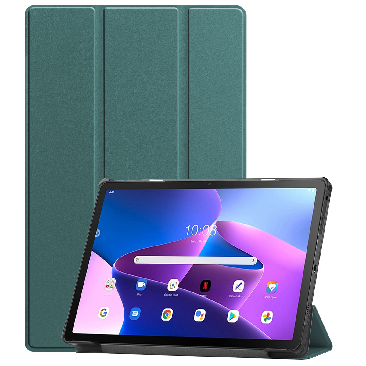 Tablet in een donkergroene hoes. De hoes is open en de tablet wordt getoond.