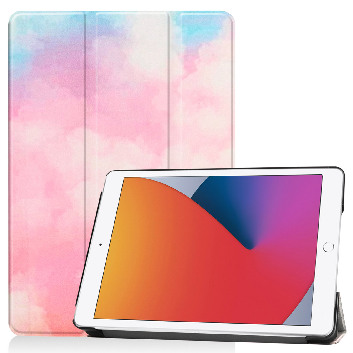 Custodia per tablet con design cielo/nuvola. Il tablet è all'interno. Sfondo bianco.