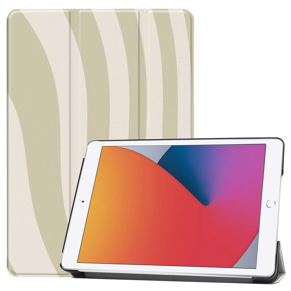 Tablet case with a light beige color and a pattern. Tablet is showing its screen.