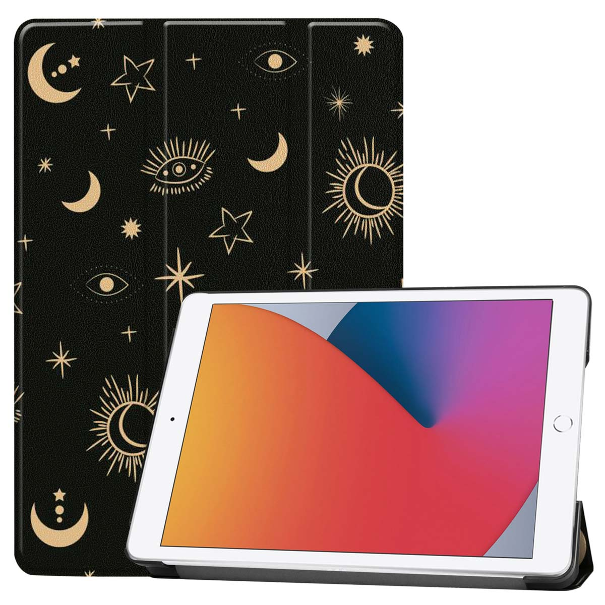 Black tablet case with moon and star design, with tablet showing colorful display.
