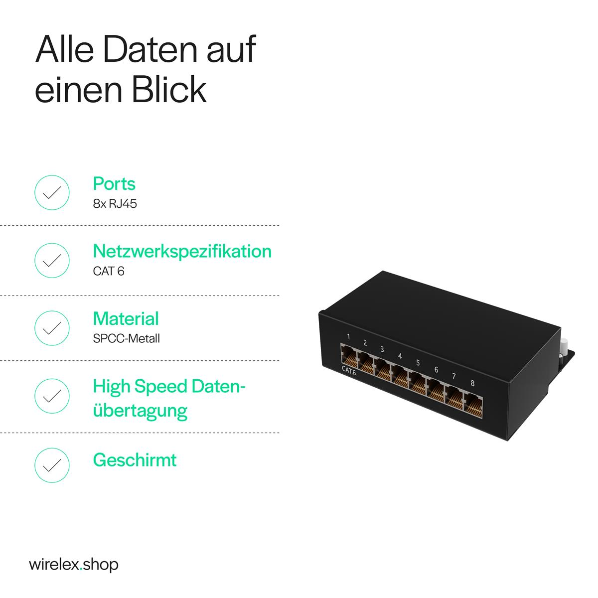 Ein schwarzer Netzwerk-Switch mit 8 RJ45-Ports. Die Details des Switches sind links aufgeführt.