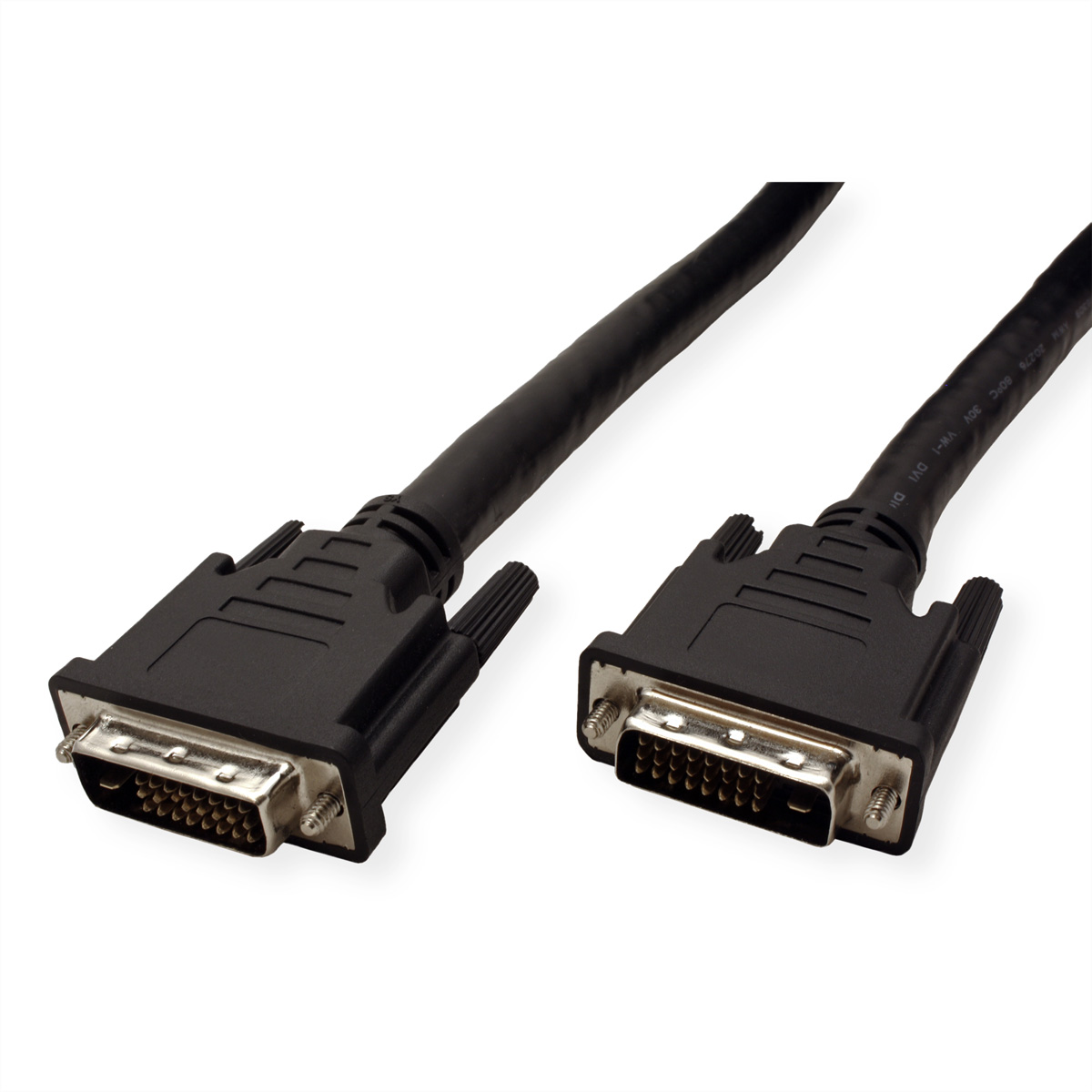 Zwei schwarze DVI-Kabel mit silbernen Steckern auf weißem Hintergrund.