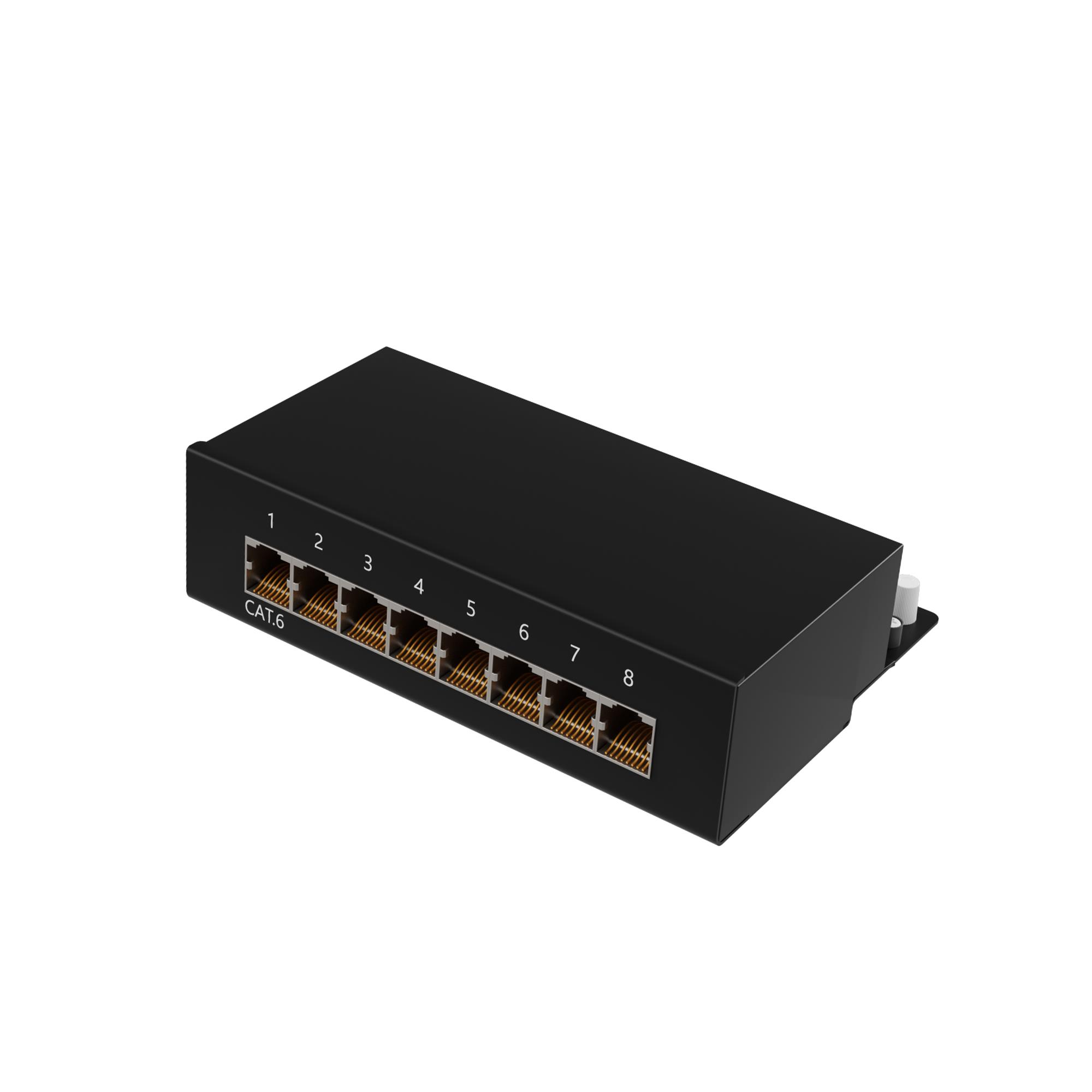 Schwarzer Netzwerk-Switch mit acht Ports. Die Ports sind mit 1 bis 8 und CAT.6 beschriftet.
