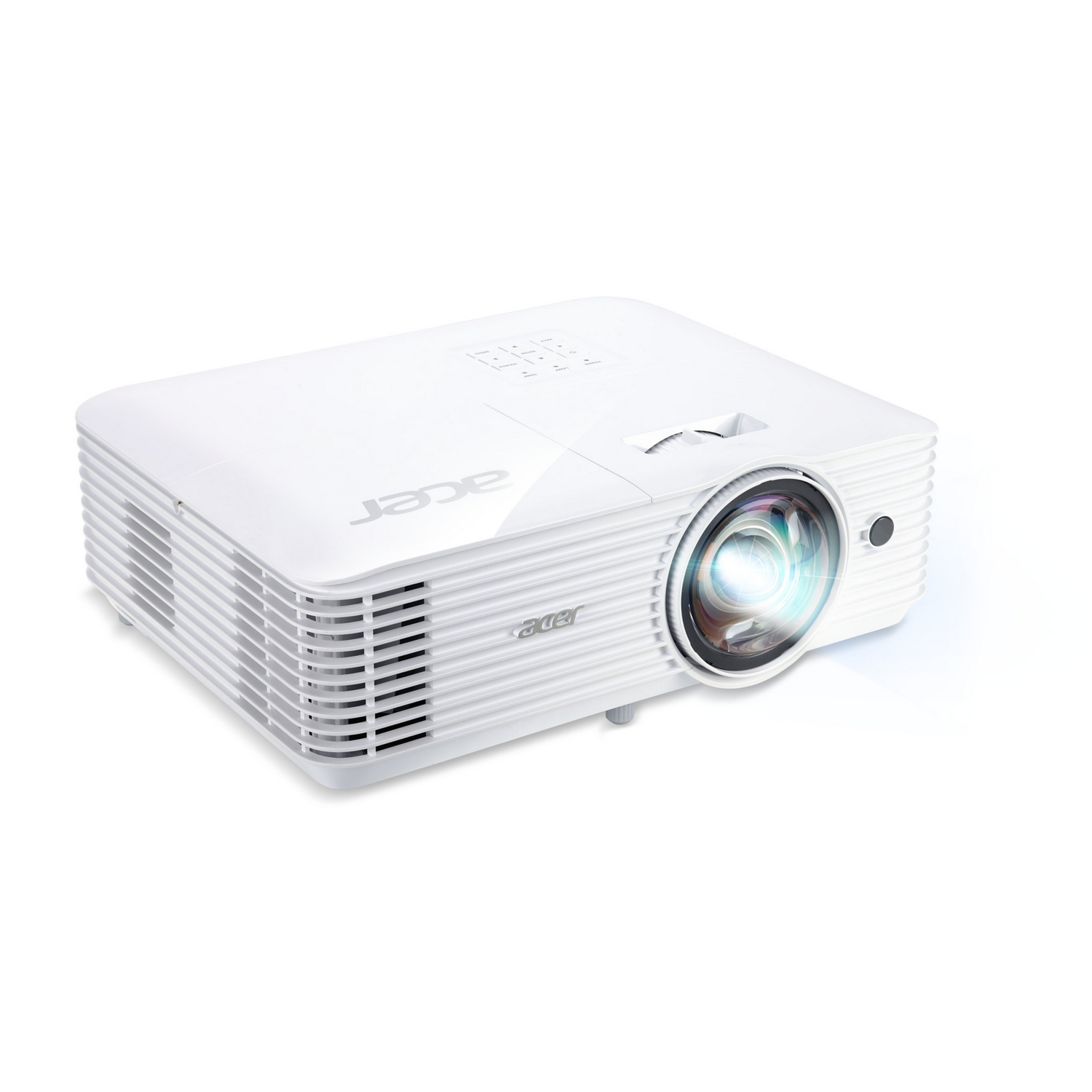 Proyector blanco con lente y controles. Fondo blanco.