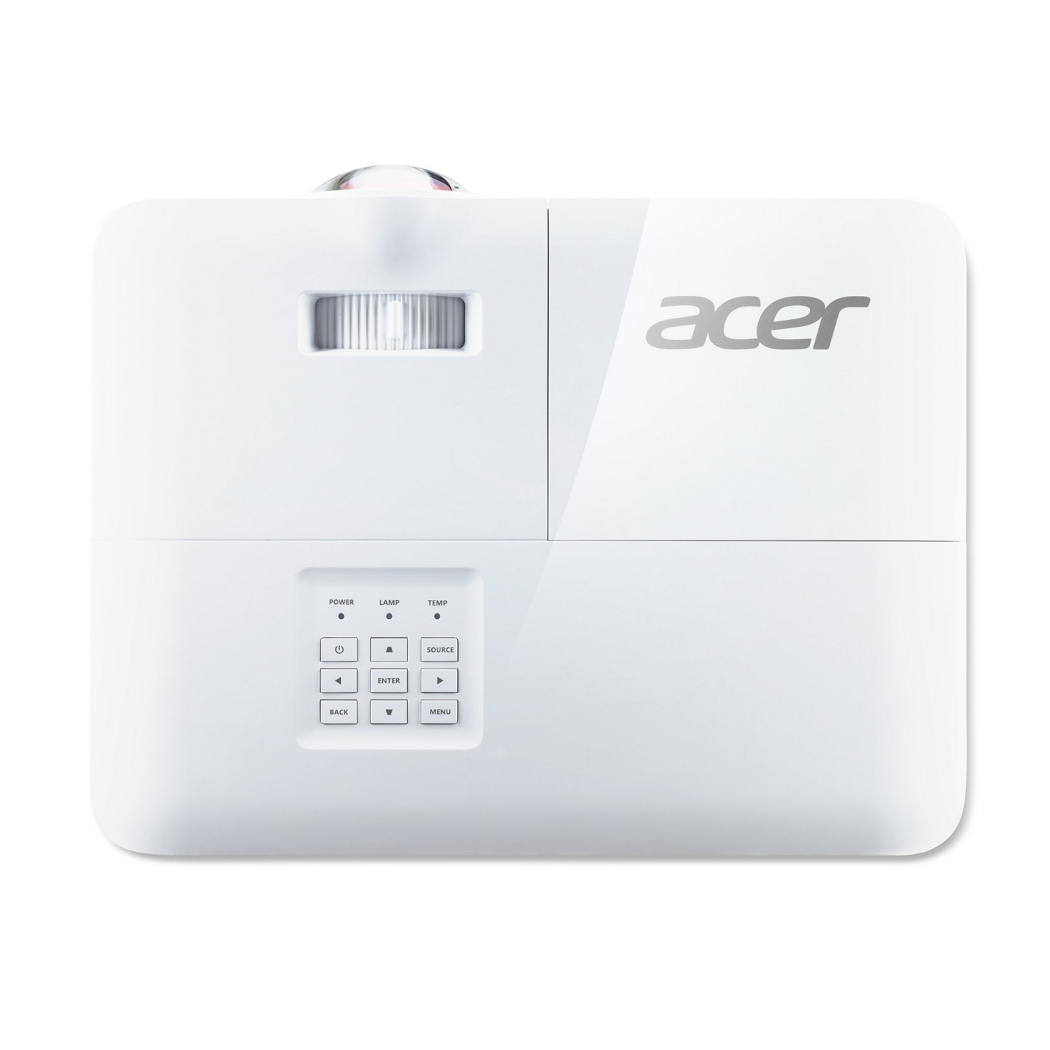 Proyector Acer blanco con botones de control en la parte inferior y el logotipo de Acer.