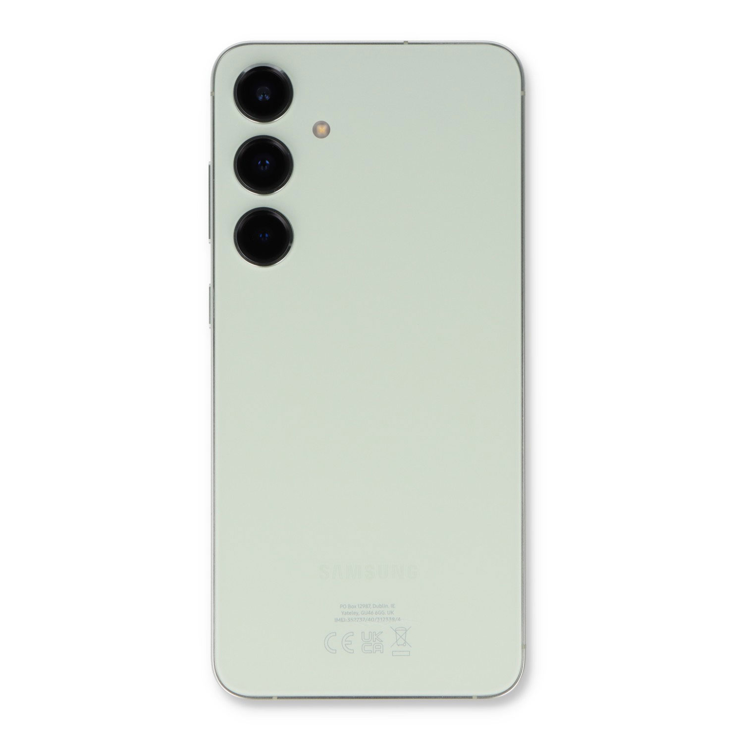 Zielony telefon z trzema obiektywami z tyłu, białe tło.