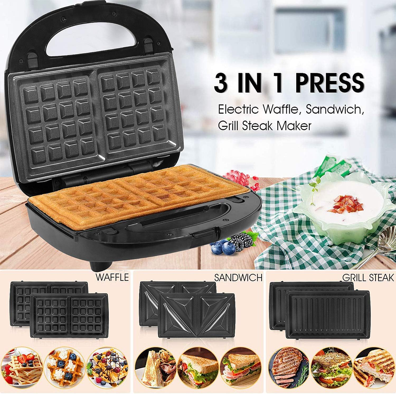 3-in-1 elektrischer Waffeleisen. Enthält Waffel-, Sandwich- und Grillplatten. Essensbilder werden gezeigt.