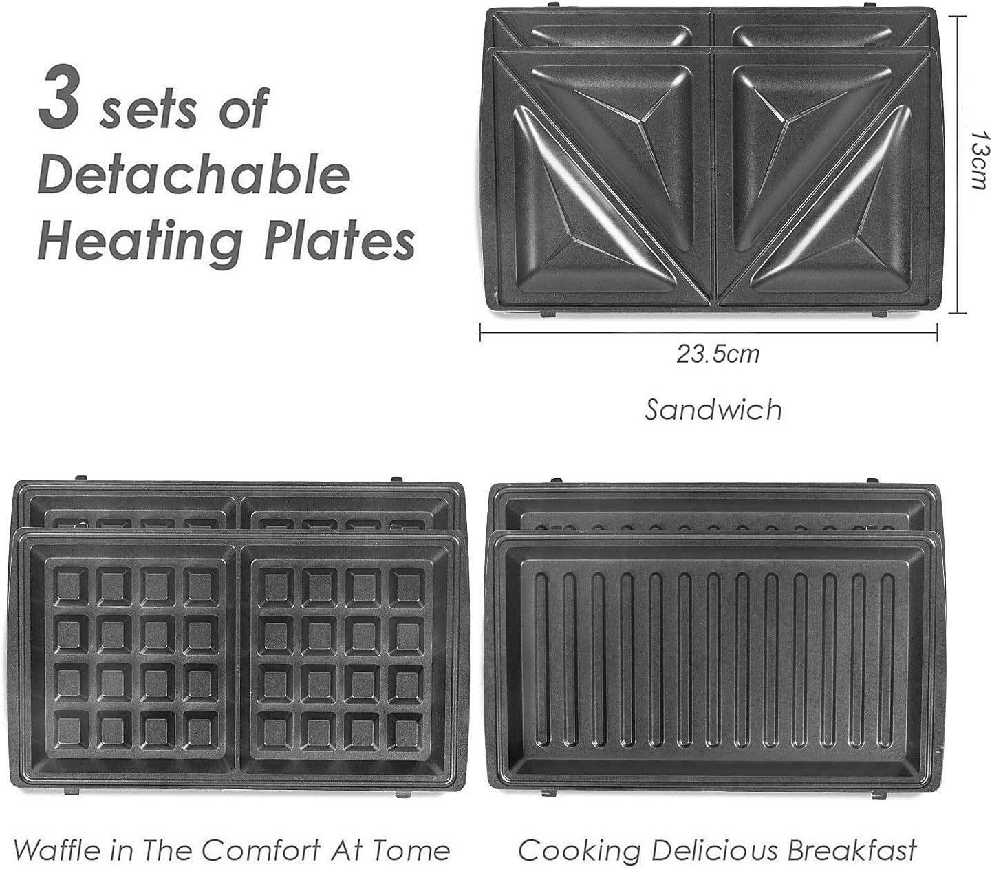 Herausnehmbare Heizplatten: Sandwich, Waffel und Frühstück. Text und Abmessungen enthalten.
