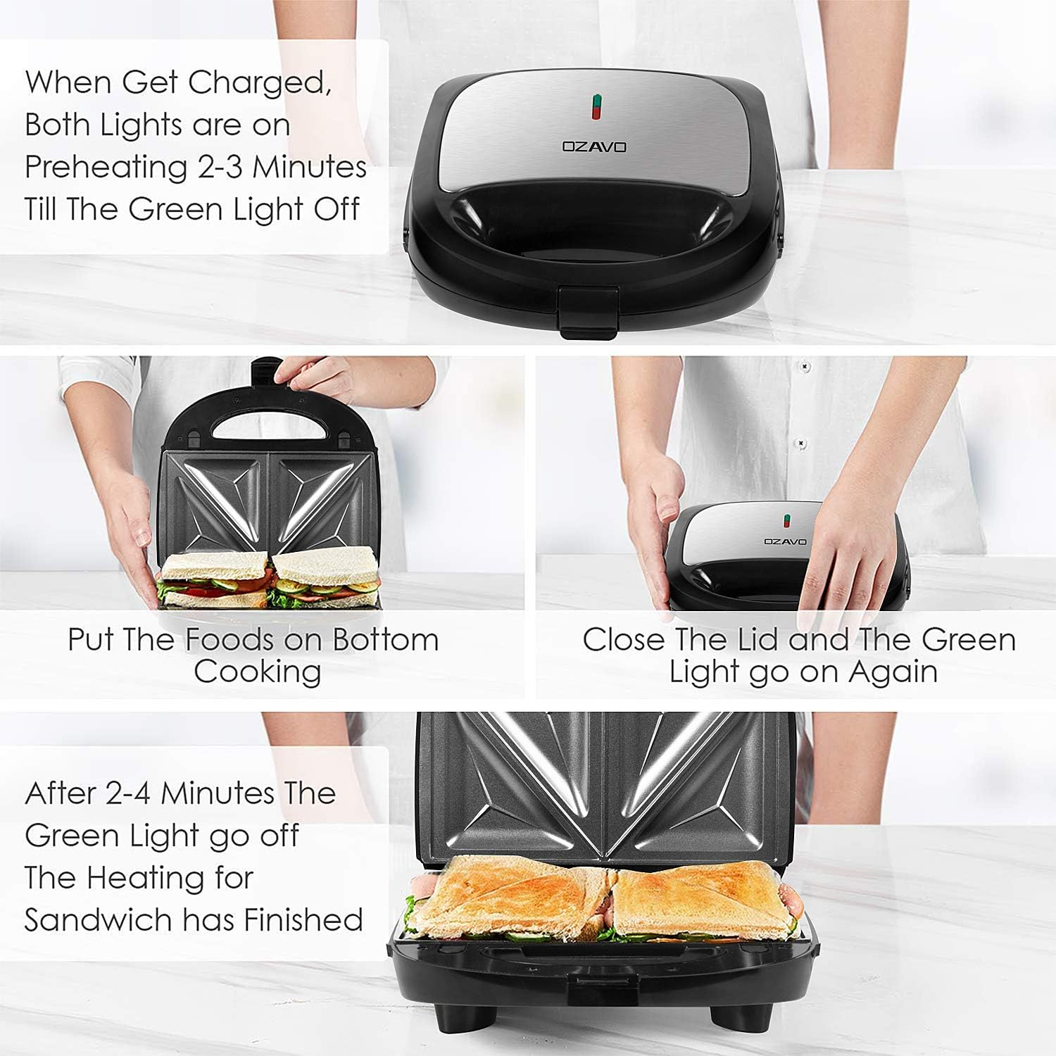 Ein Sandwichmaker wird in Phasen gezeigt: Vorheizen, Hinzufügen von Sandwiches und Kochen mit grünem Licht.