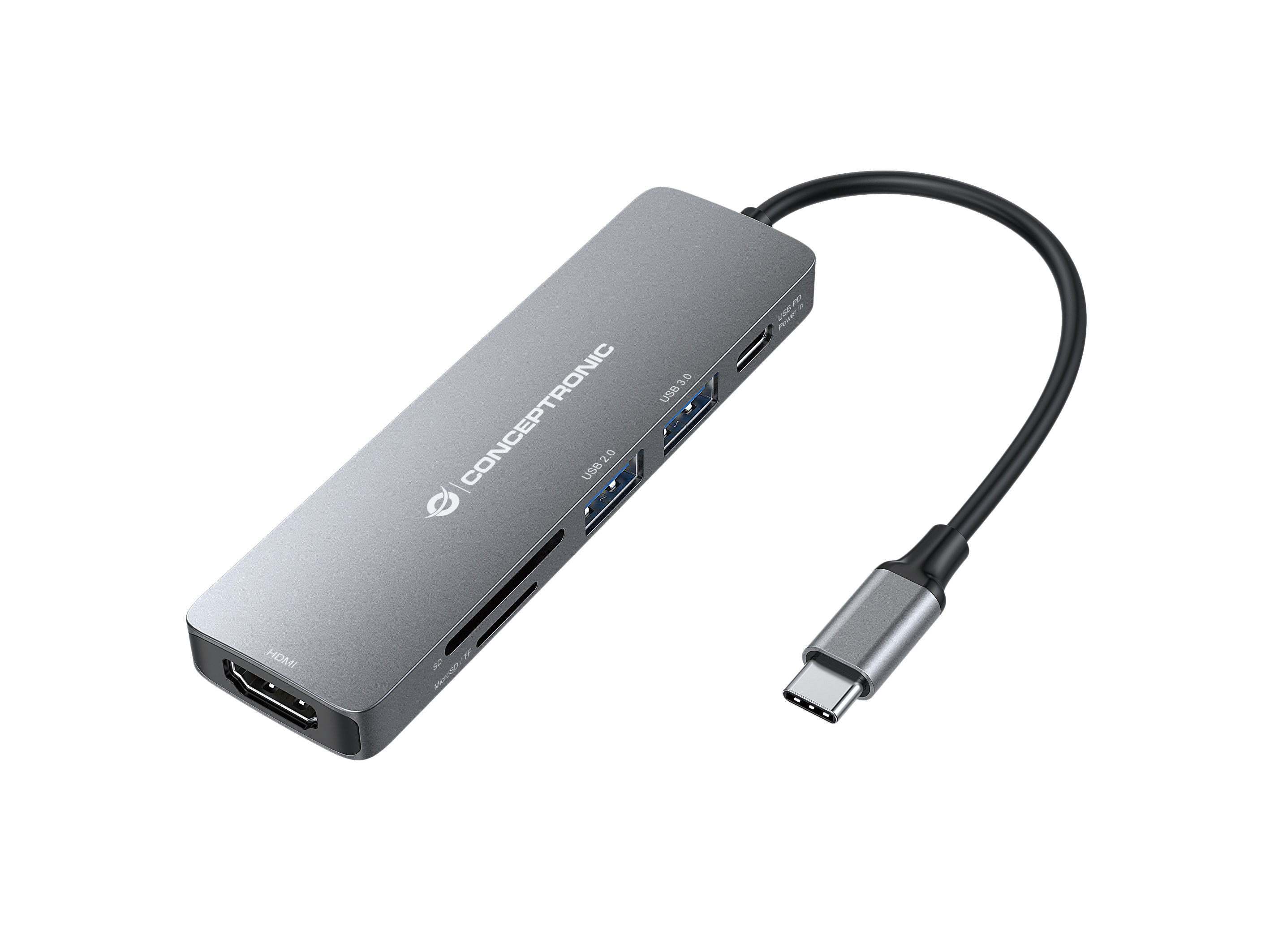 Un hub USB-C Conceptronic argentato con più porte e un cavo USB-C nero.