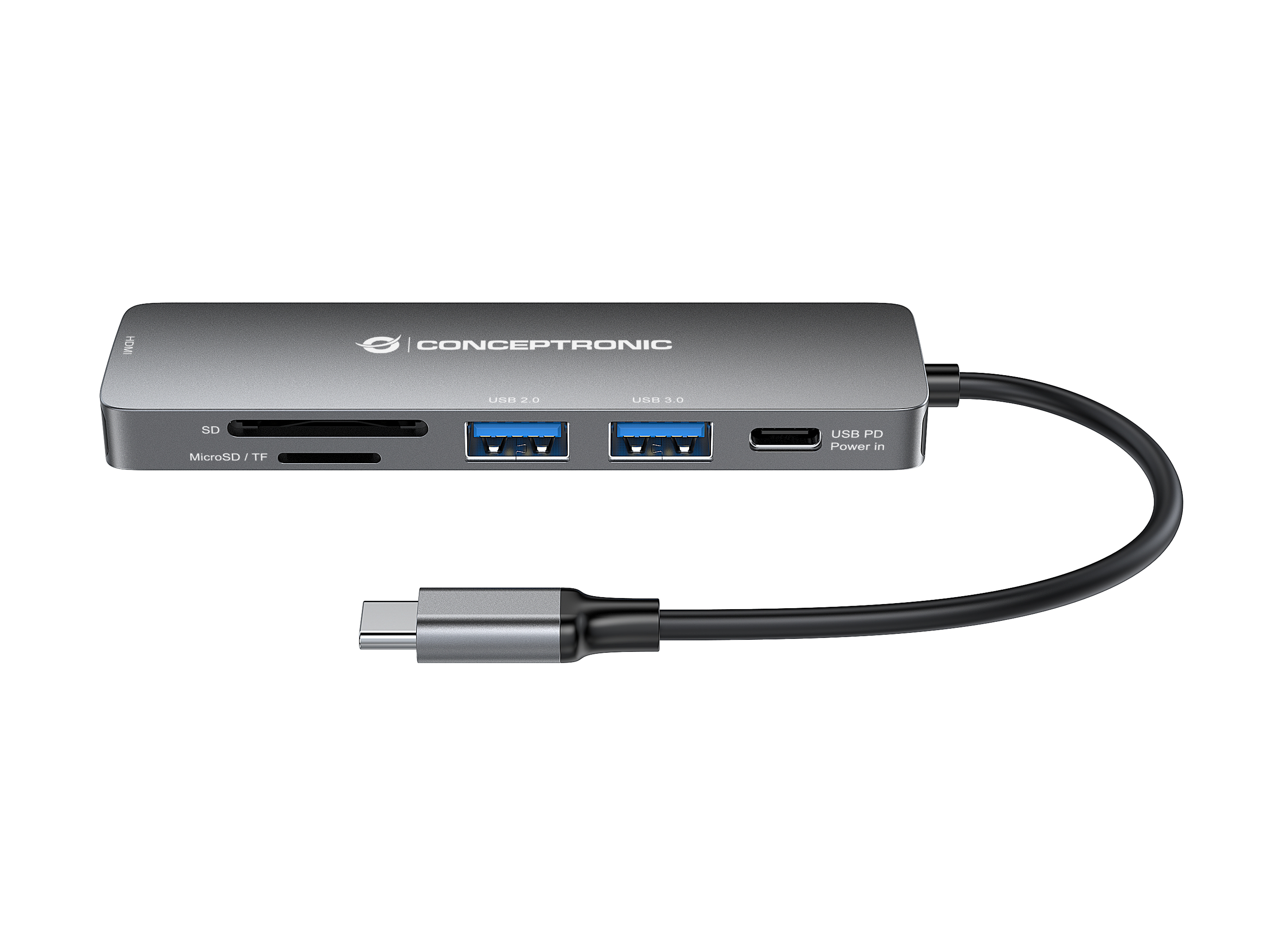 Un hub USB Conceptronic con più porte tra cui USB 3.0 e una porta USB-C con cavo.