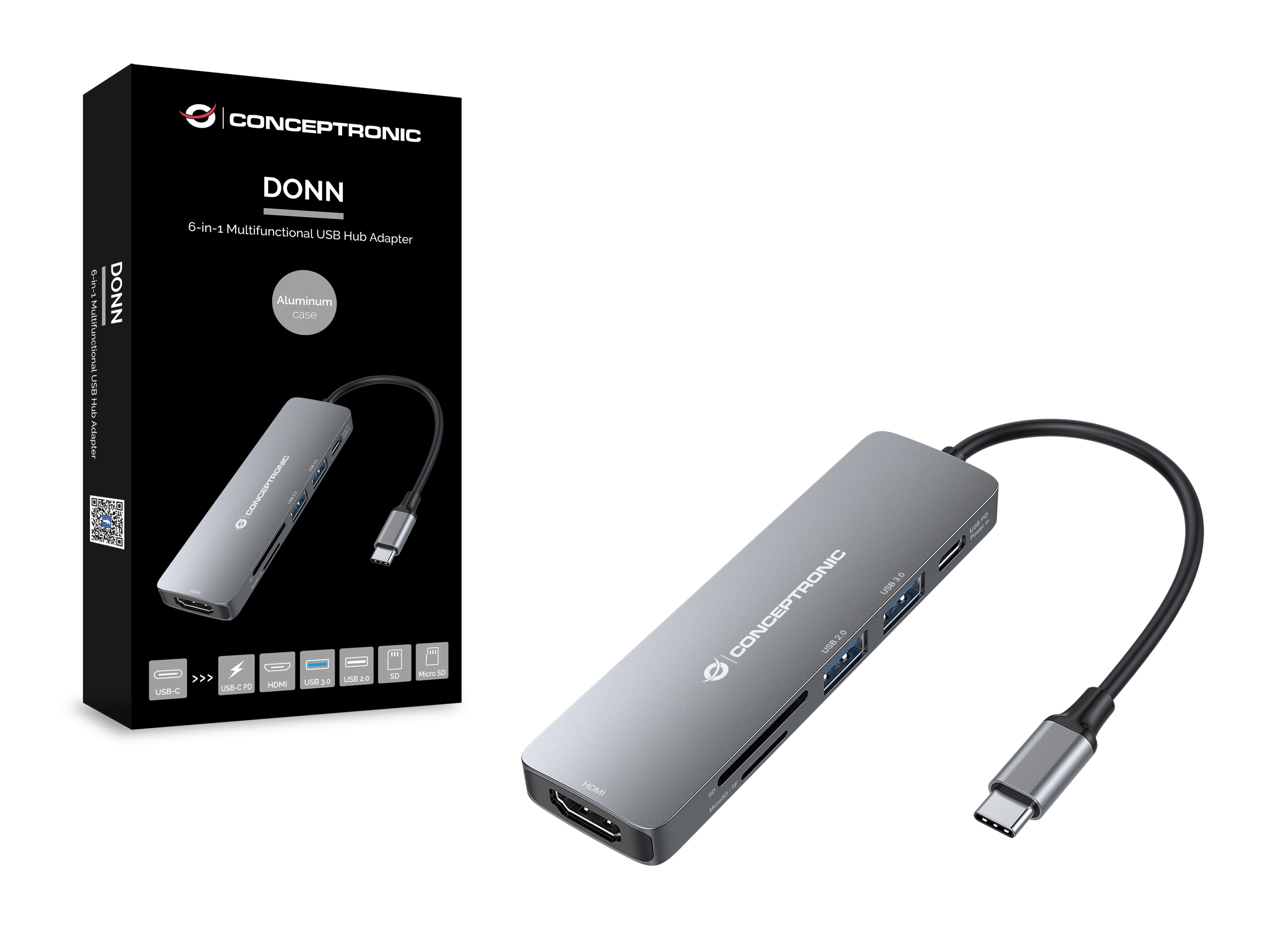 Un hub USB argentato con cavo grigio e scatola. La scatola dice "Conceptronic DONN" ed elenca le funzioni.