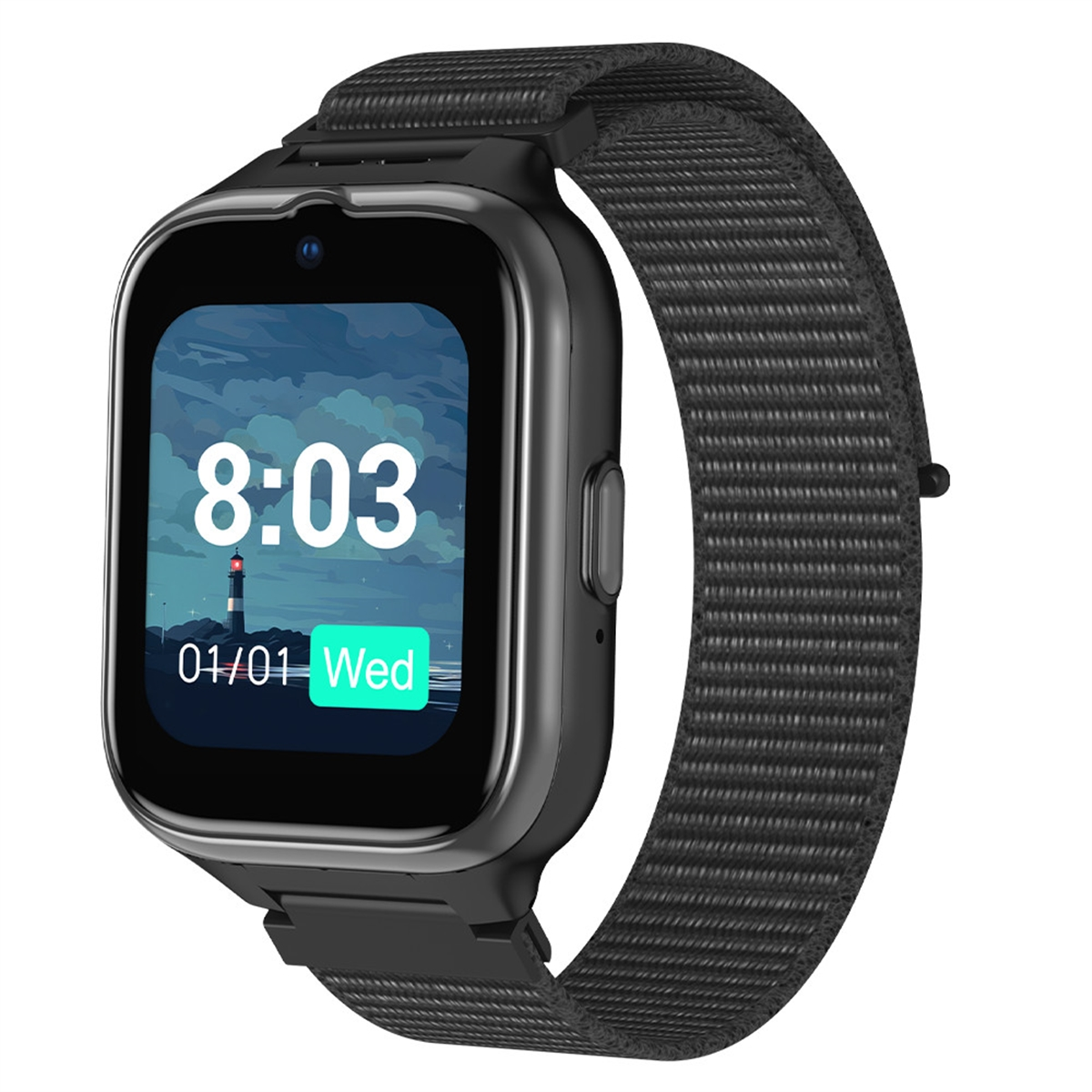 Eine schwarze Smartwatch mit schwarzem Armband. Der Bildschirm zeigt einen Leuchtturm, Uhrzeit und Datum.
