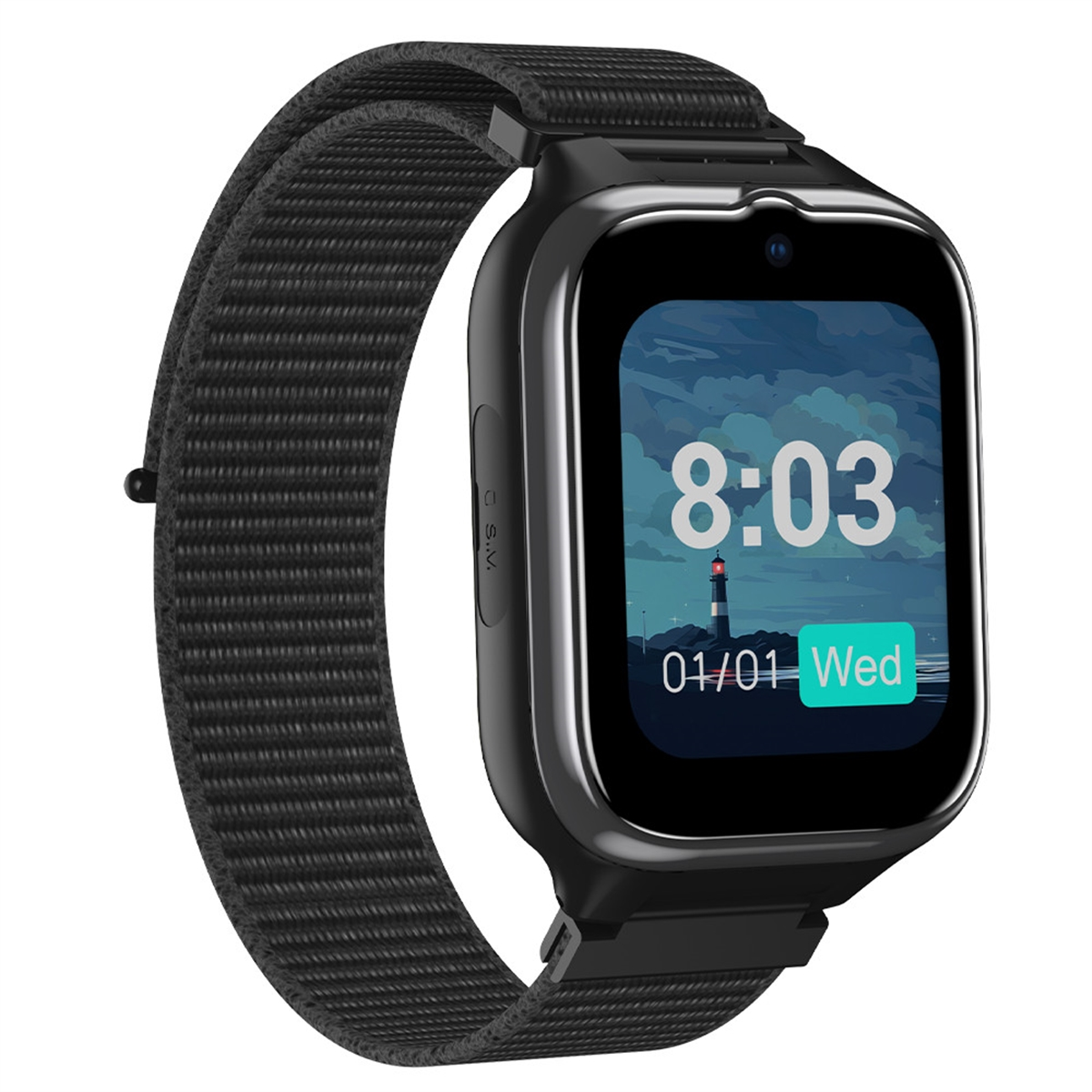 Schwarze Smartwatch mit schwarzem Stoffarmband. Der Bildschirm zeigt Zeit und einen Leuchtturm.